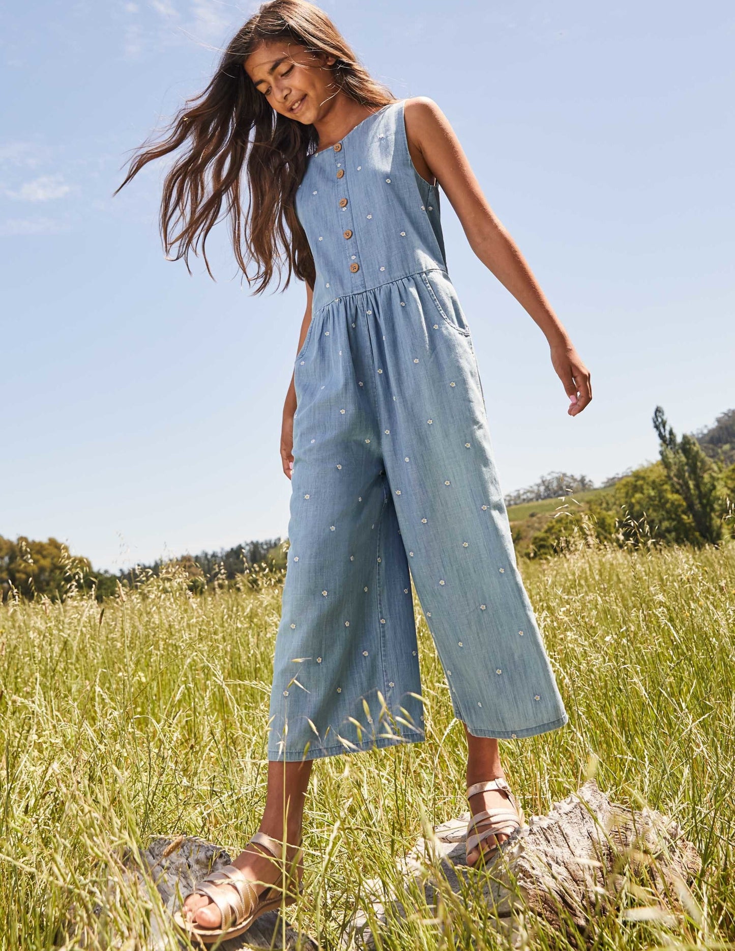 Embroidered Wide Leg Jumpsuit-Chambray Daisy Chain