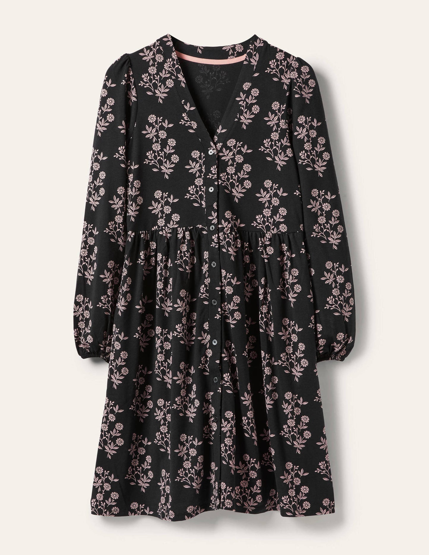Button Through Jersey Dress-Black, Leafy Cluster