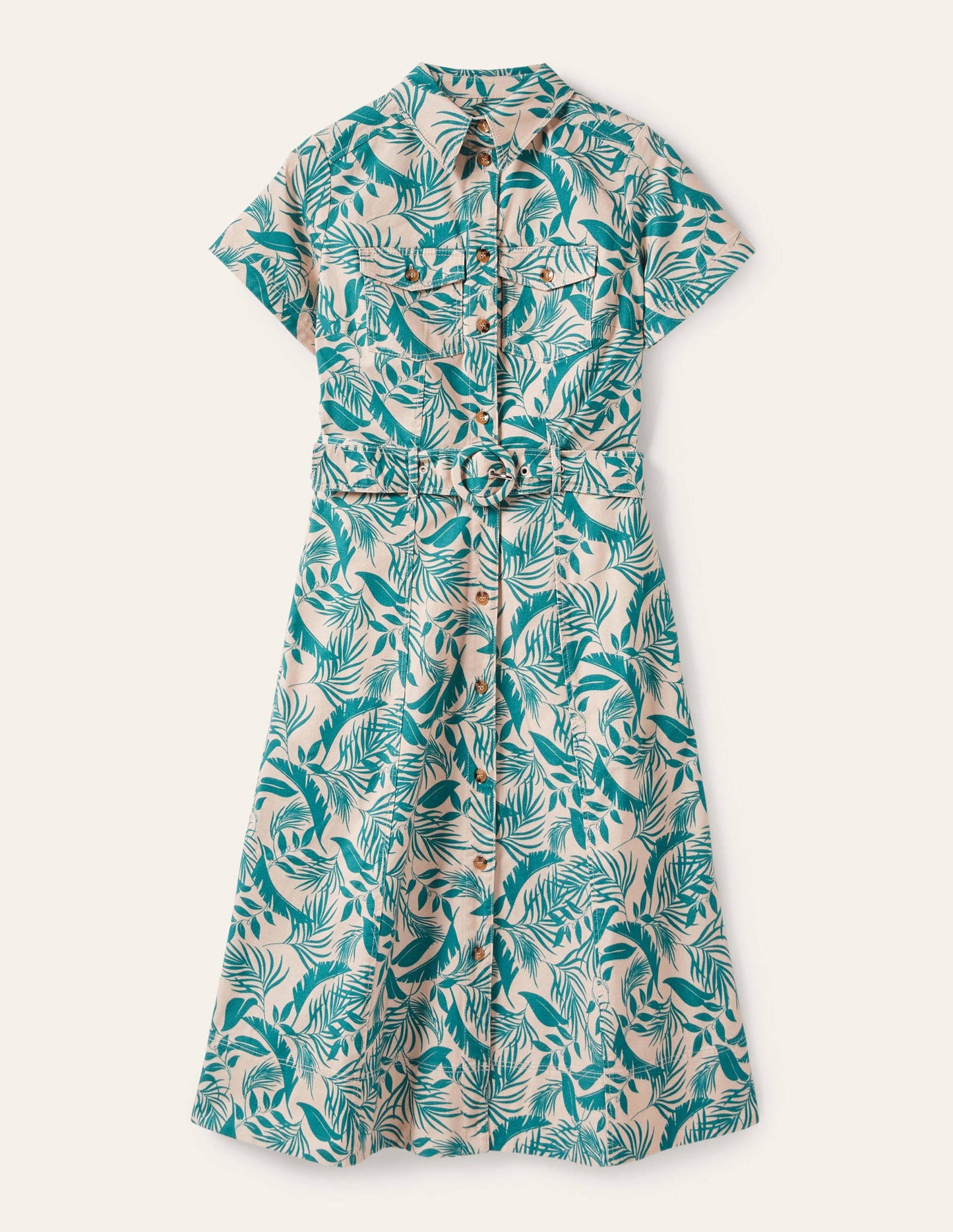 Belted Midi Shirt Dress-Milkshake, Tropic Foliage