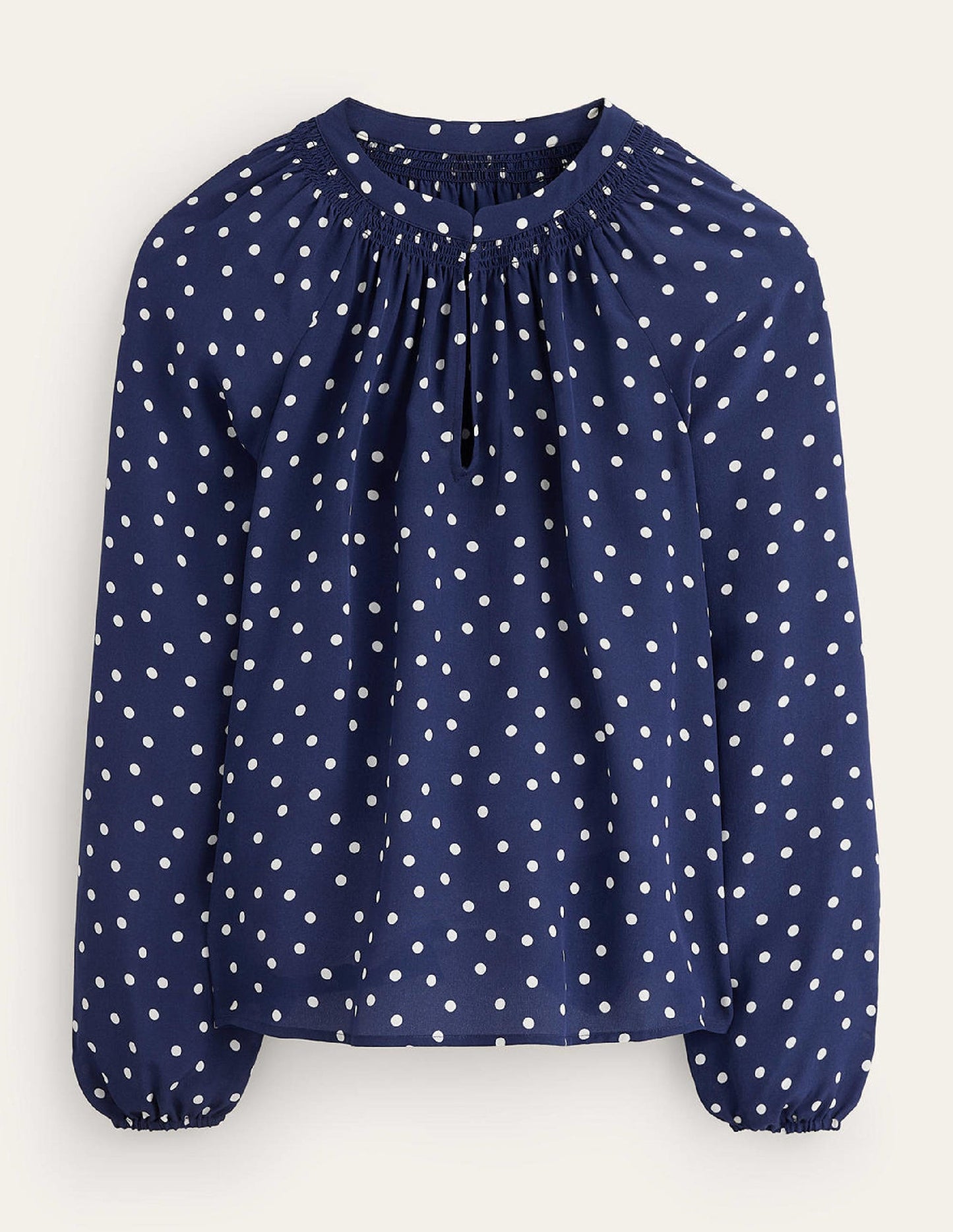 Gathered Neck Silk Blouse-Navy Spot