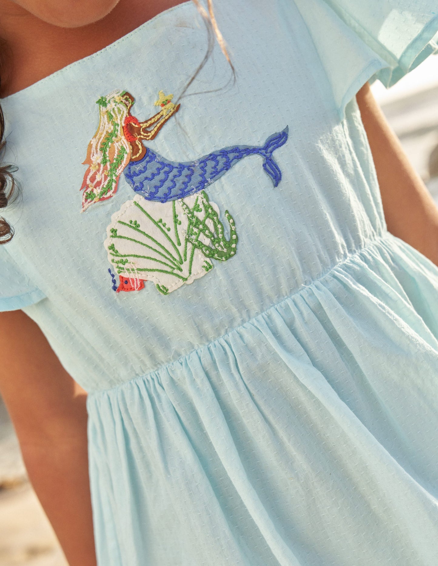 Flutter-Sleeve Appliqué Dress-Iced Aqua Mermaids