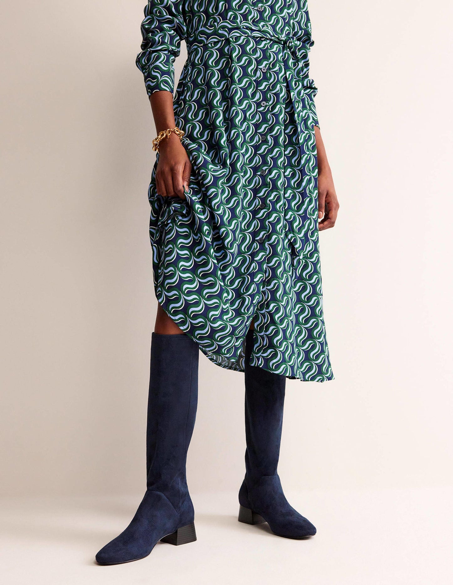 Cara Flat Stretch Knee Boots-Navy