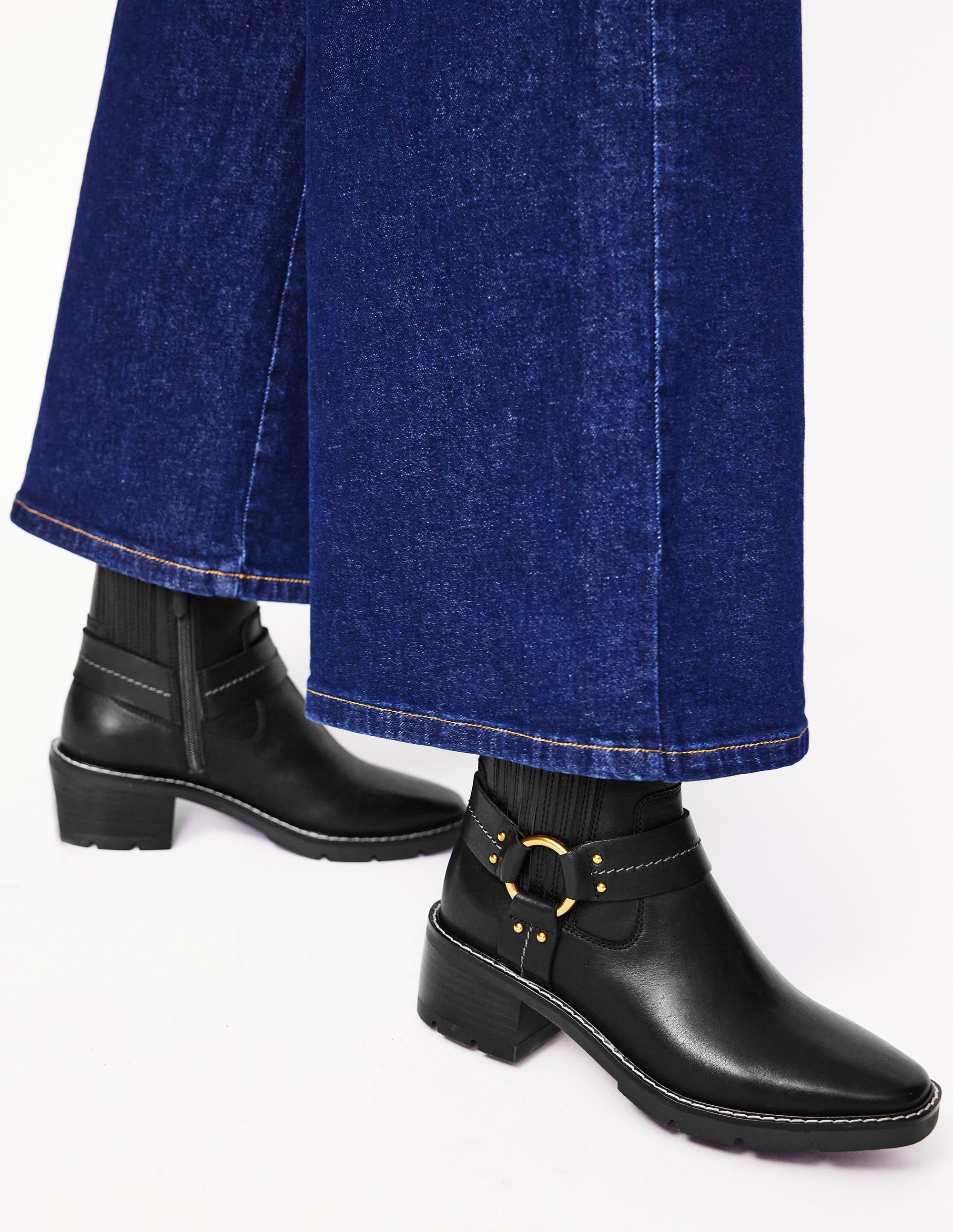 Harness Detail Biker Boots-Black Leather | Boden UK