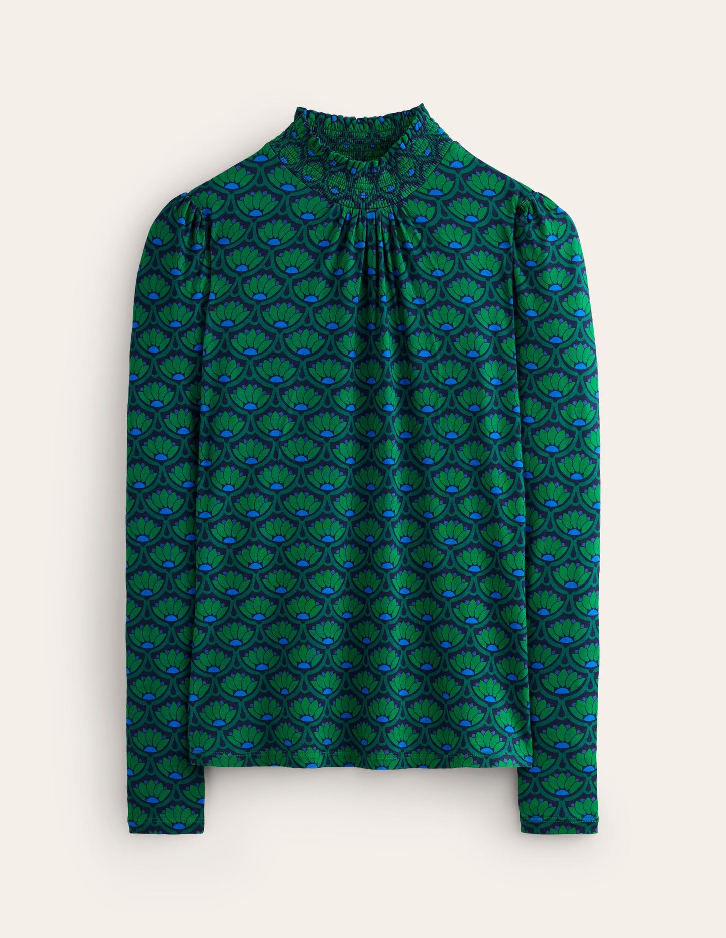 Smocked Neck Printed Top-Rich Emerald, Lotus Stamp