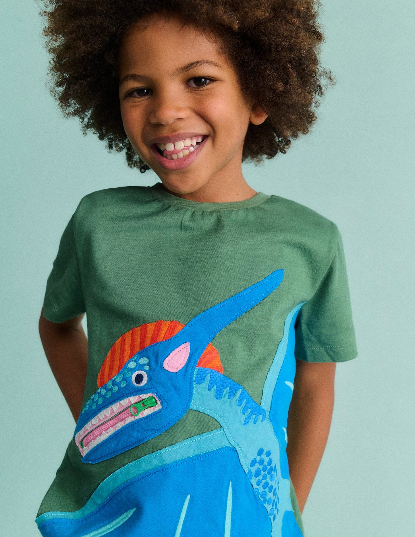 Zip Applique T-shirt-Newt Green Dinosaur