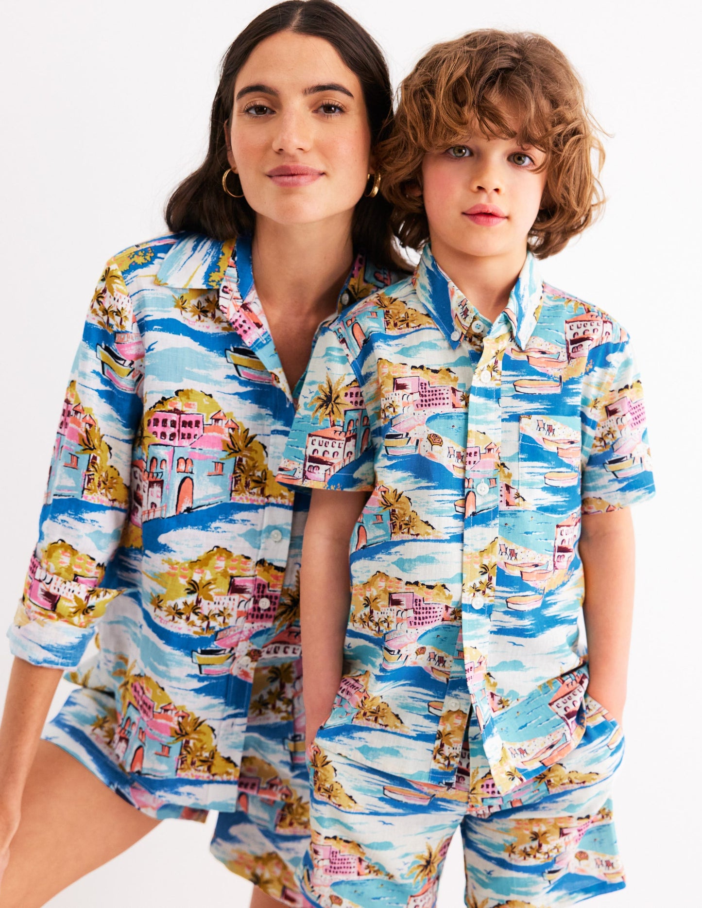 Cotton Linen Shirt-Multi Coastal Scene