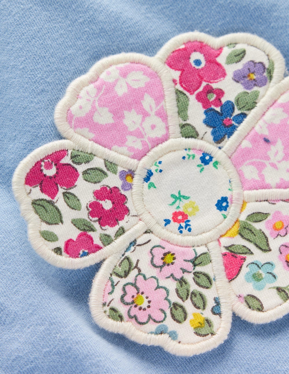 Frill Neck Appliqué T-shirt-Glacier Blue Flowers