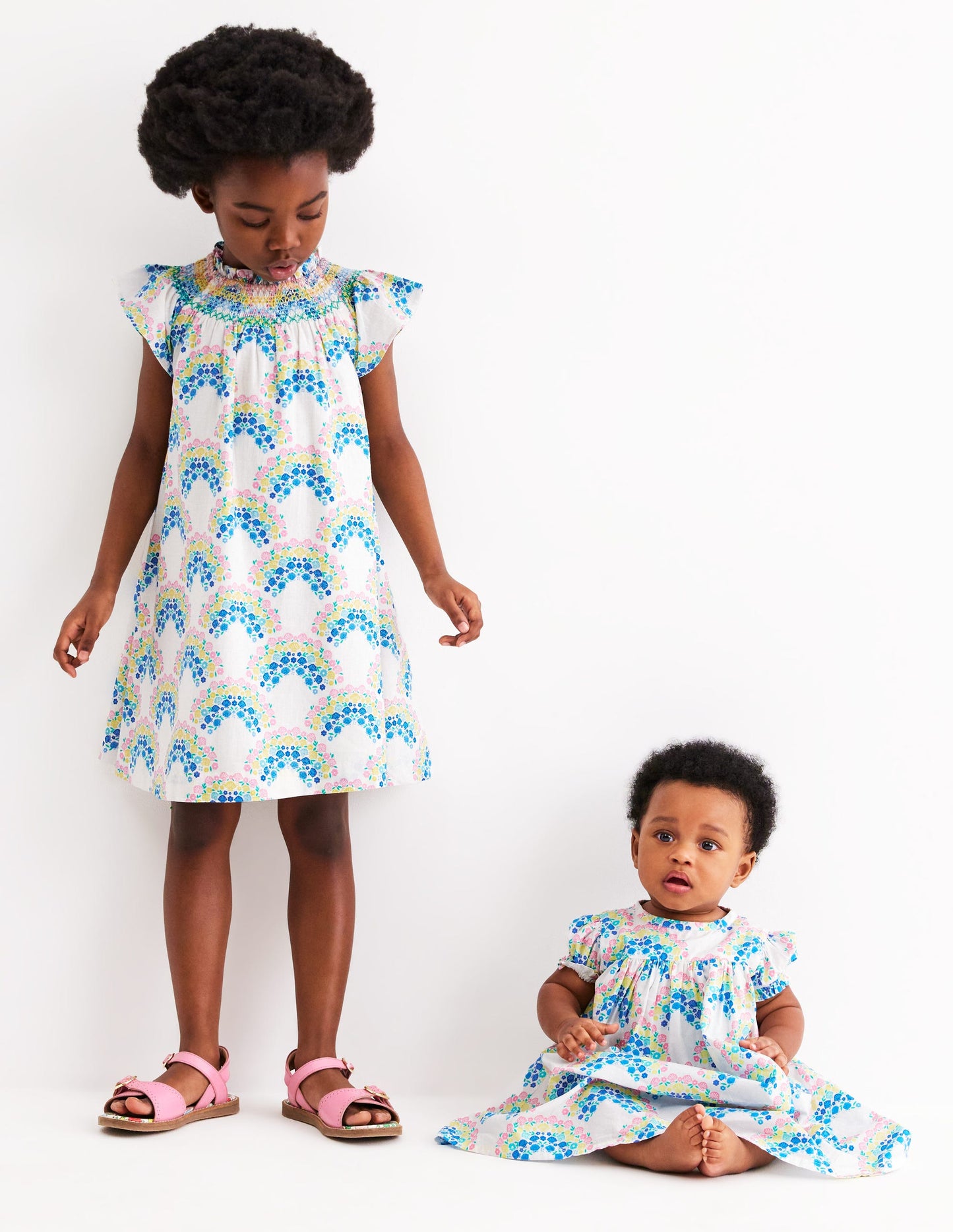 Holiday Smocked Dress-Soft Ivory Rainbow Shells