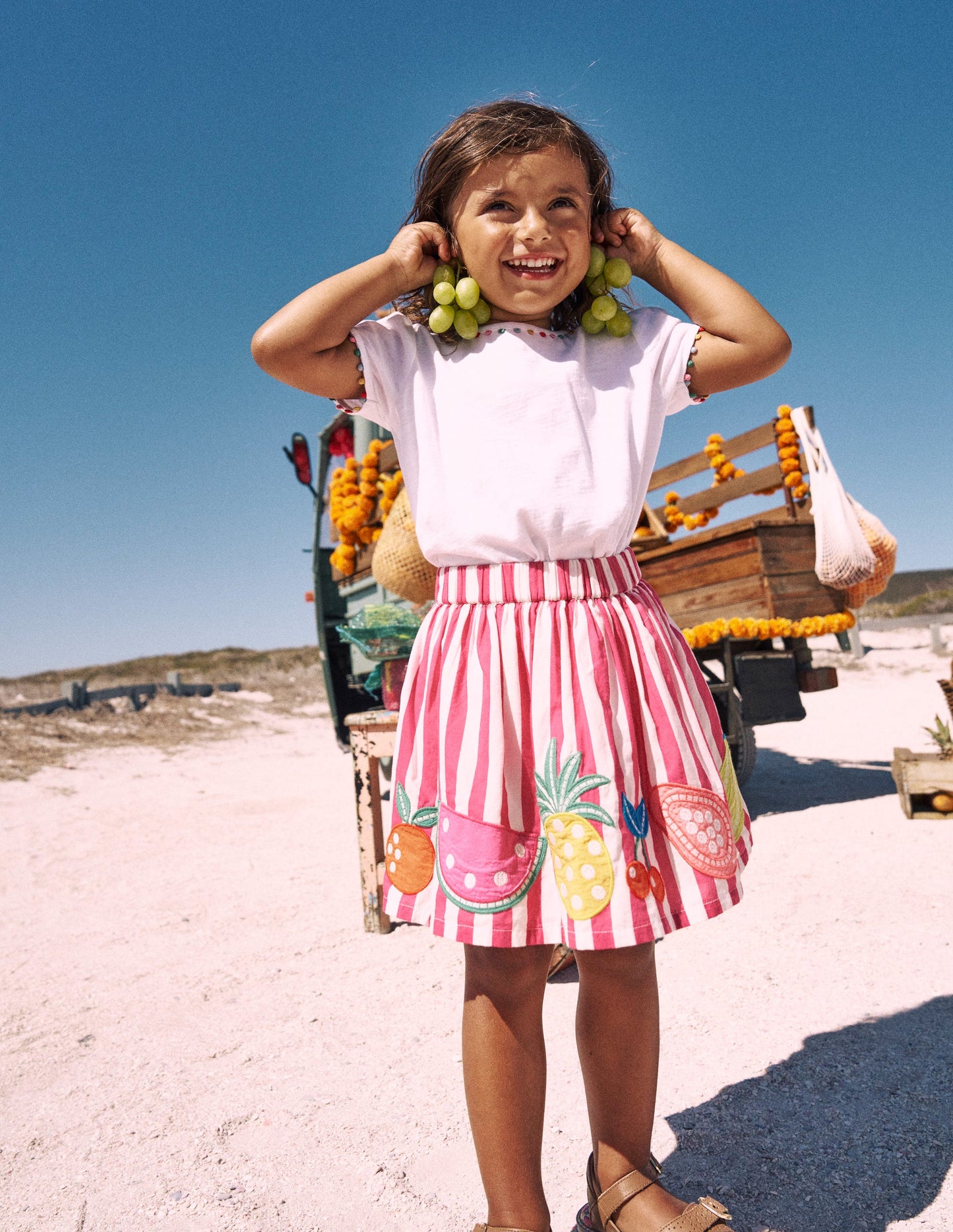 Appliqué Skirt-Fruit Pink Stripe