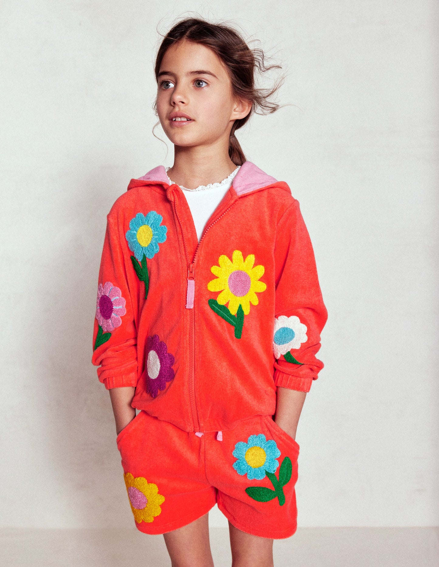 Printed Towelling Short-Coral Orange Flowers