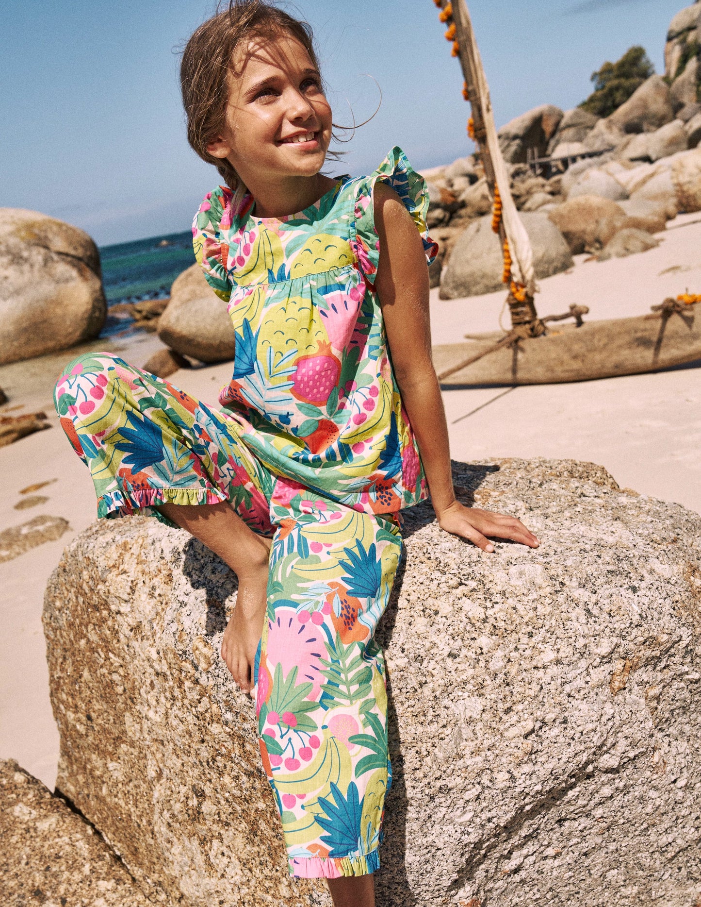 Frill Sleeve Woven Top-Multi Tropical Fruit