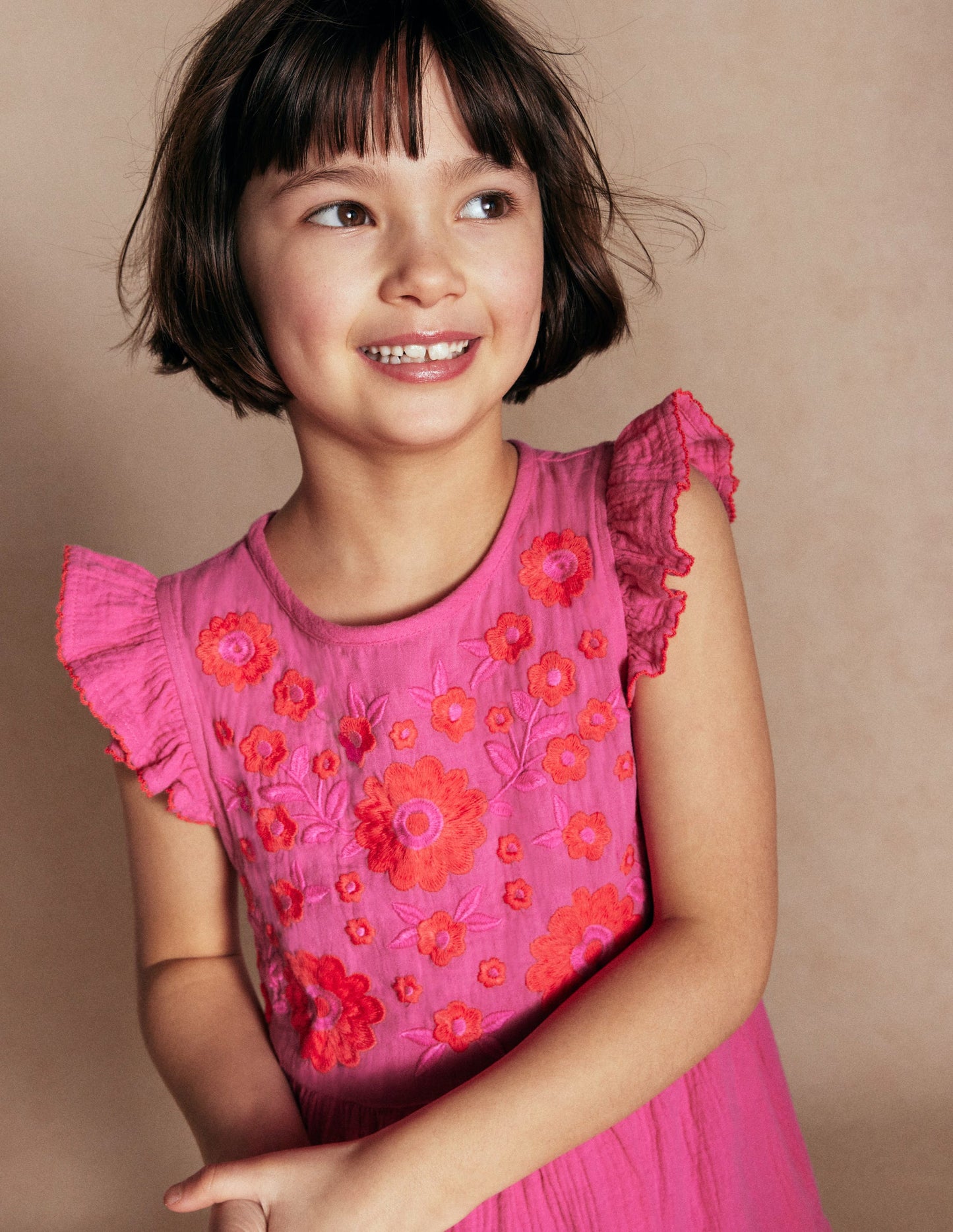 Tiered Doublecloth Dress-Sorbet Pink Embroidered