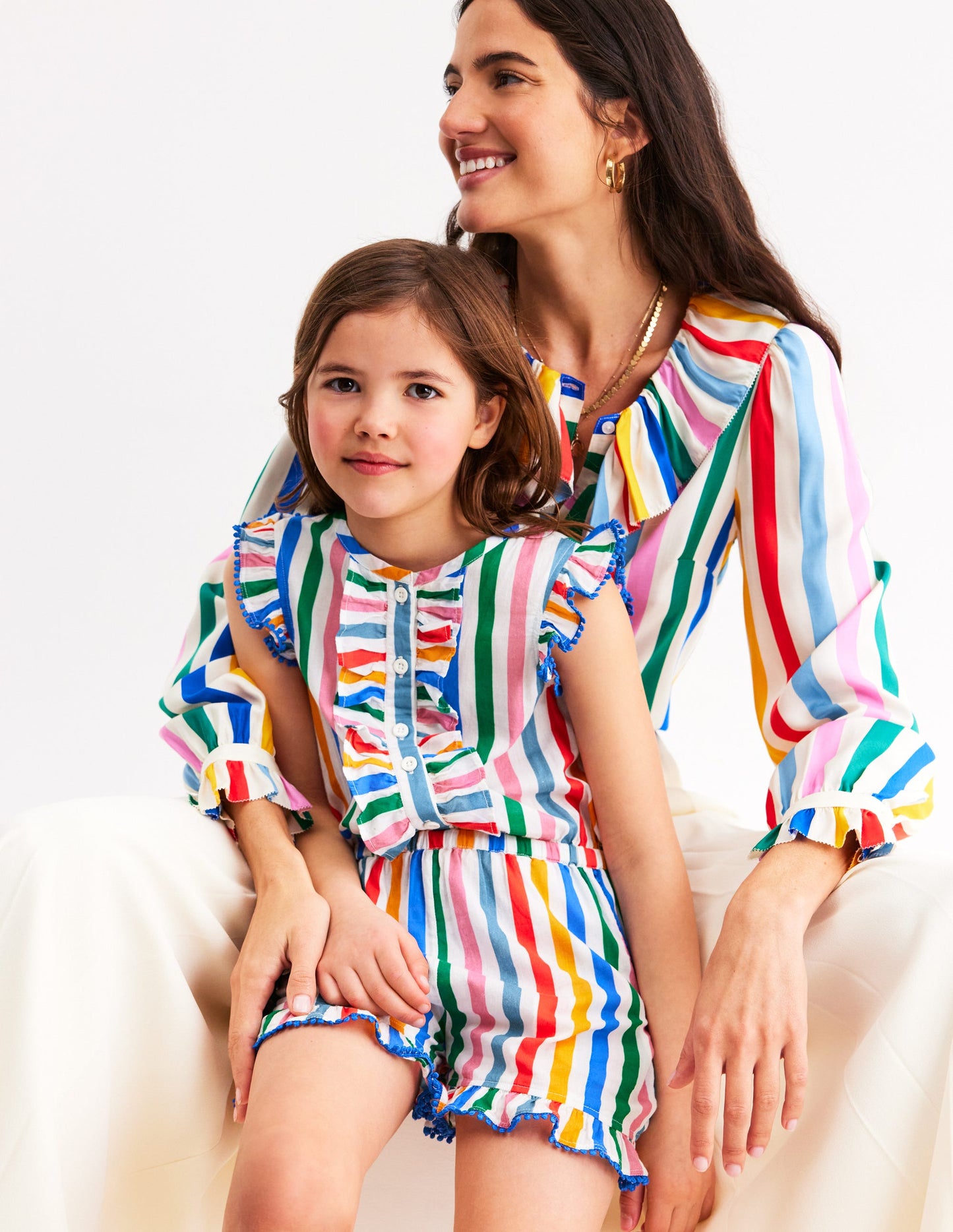 Button Through Ruffle Playsuit-Rainbow Multi Stripe