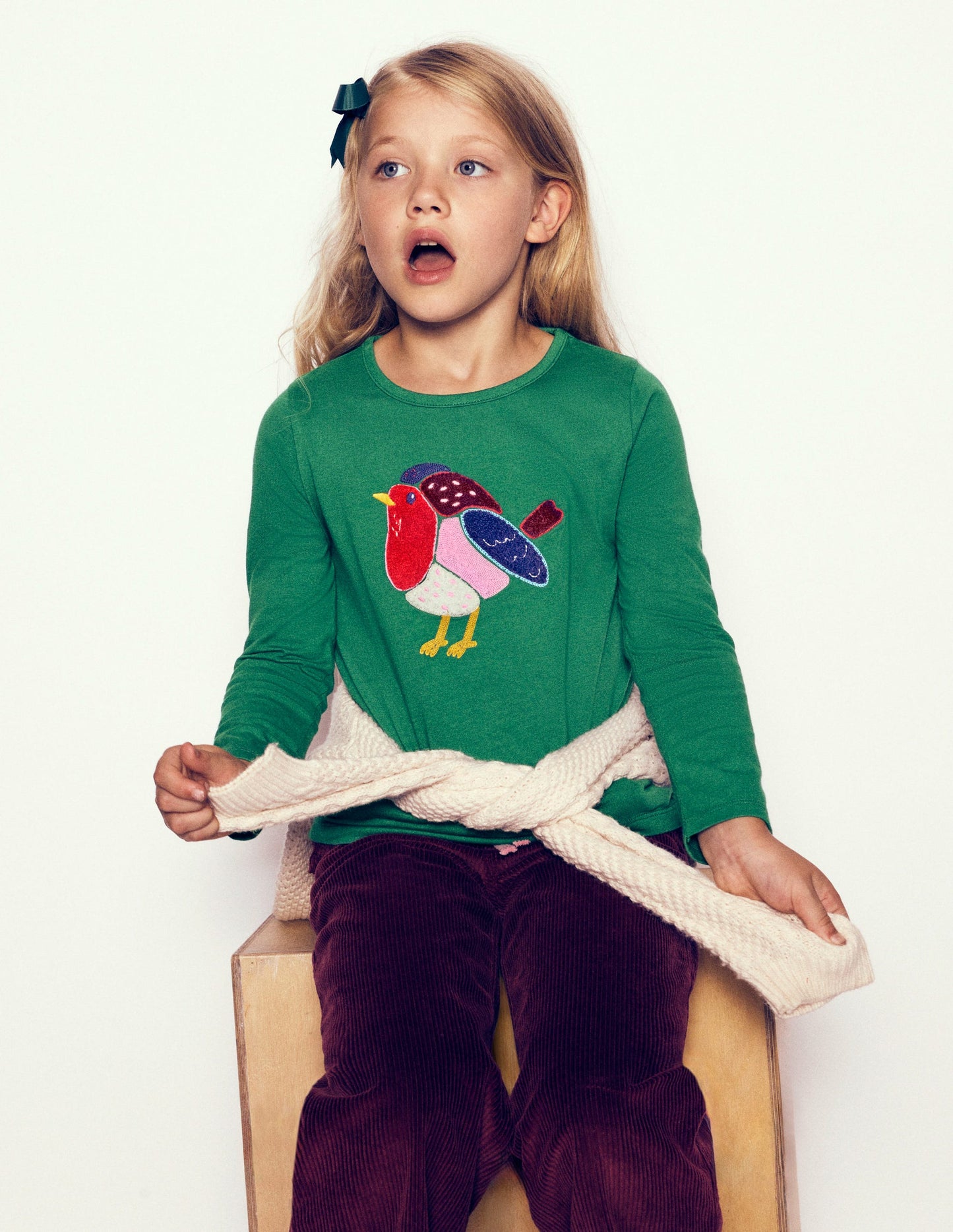 Long Sleeve Bouclé T-shirt-Pine Green Robin