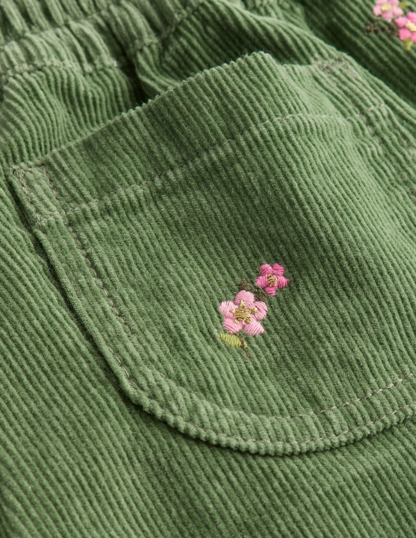 Cord Pull-On Trousers-Broccoli Green Embroidered
