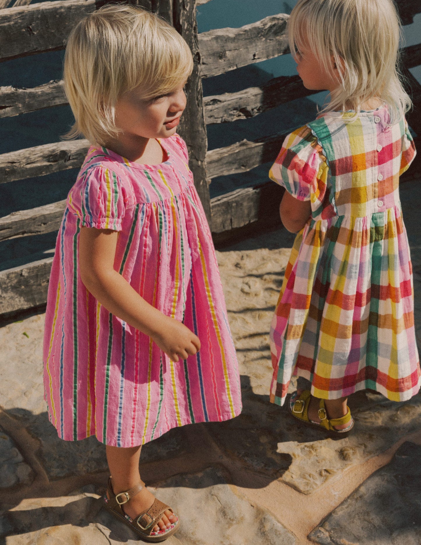 Gathered Woven Dress-Neon Pink Multi Stripe