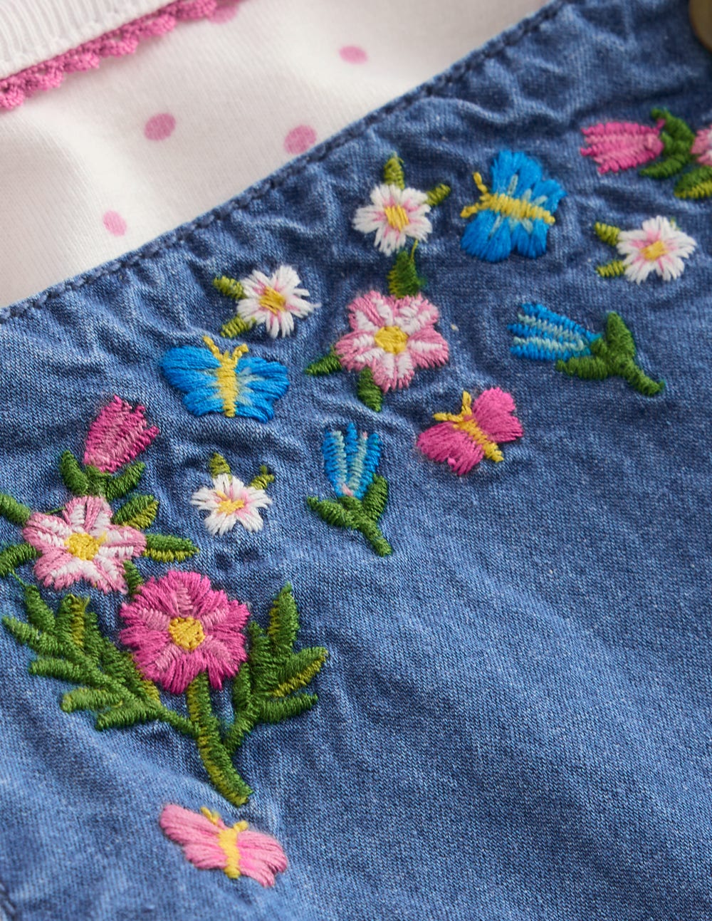 Woven Dungaree Set-Blue Chambray Embroidery
