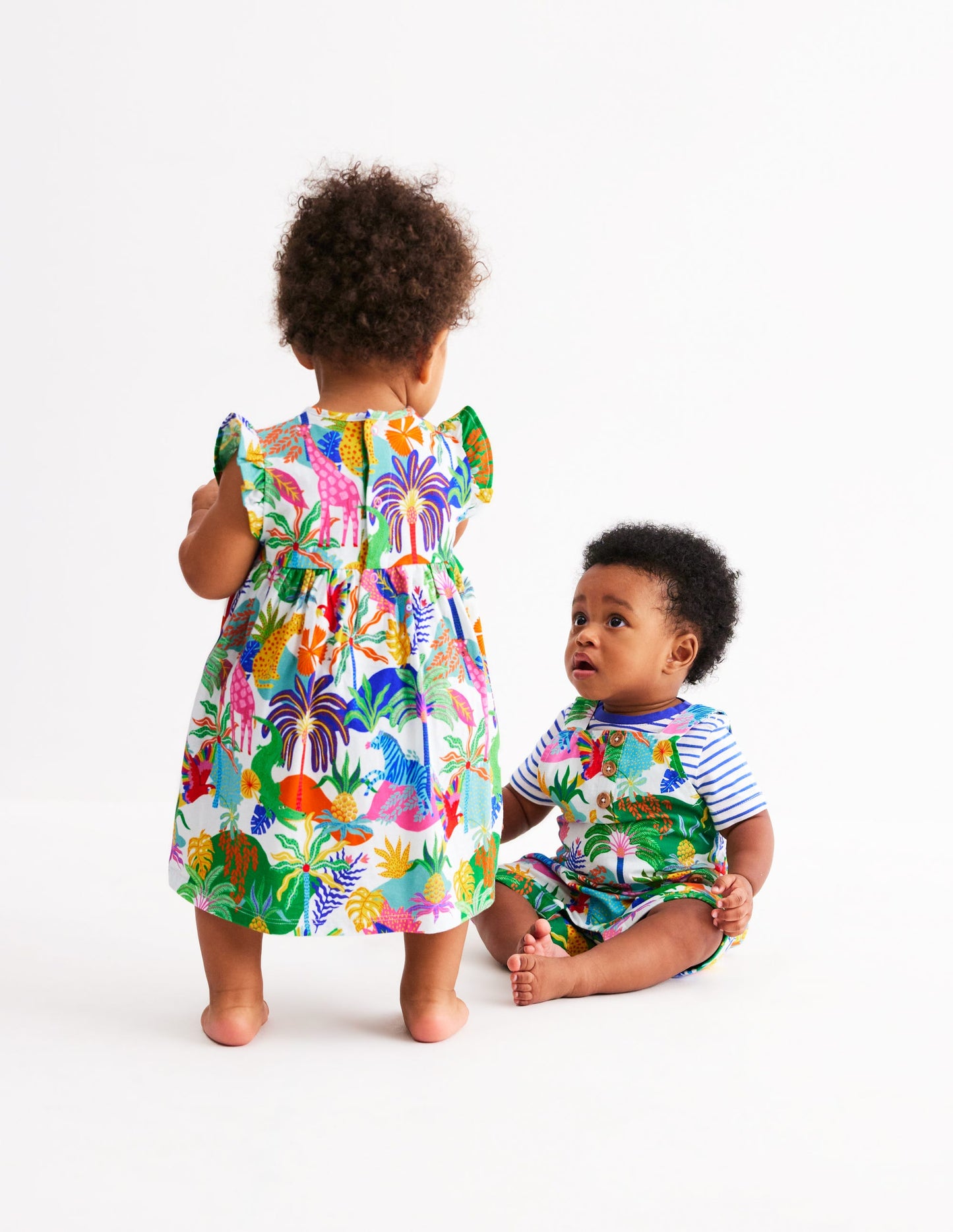 Button Dungaree Set-Coconutmilk Multi Jungle