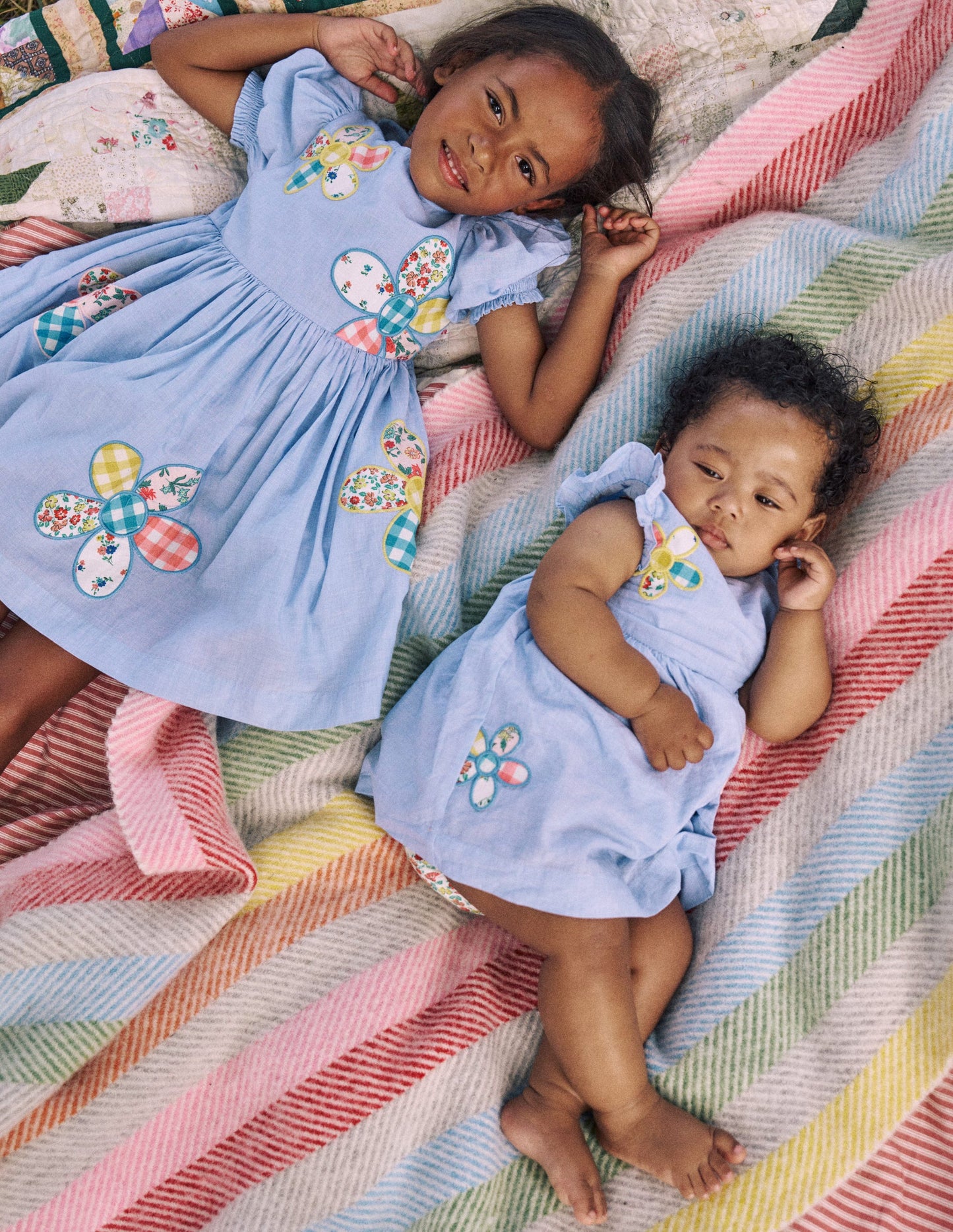 Woven Frill Dress-Blue Patchwork Flower