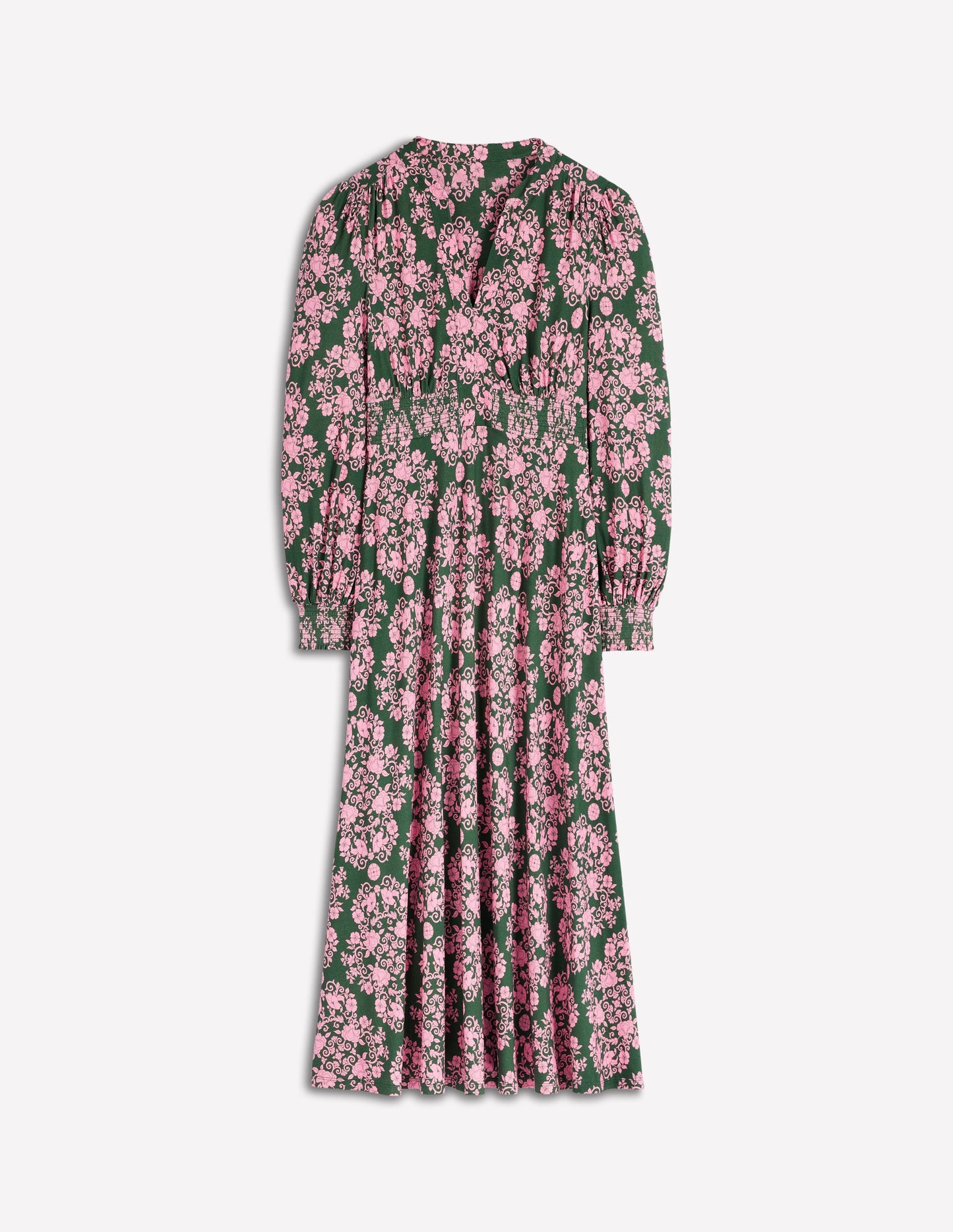 Ivy Smocked Midi Dress-Green, Ornamental Lattice