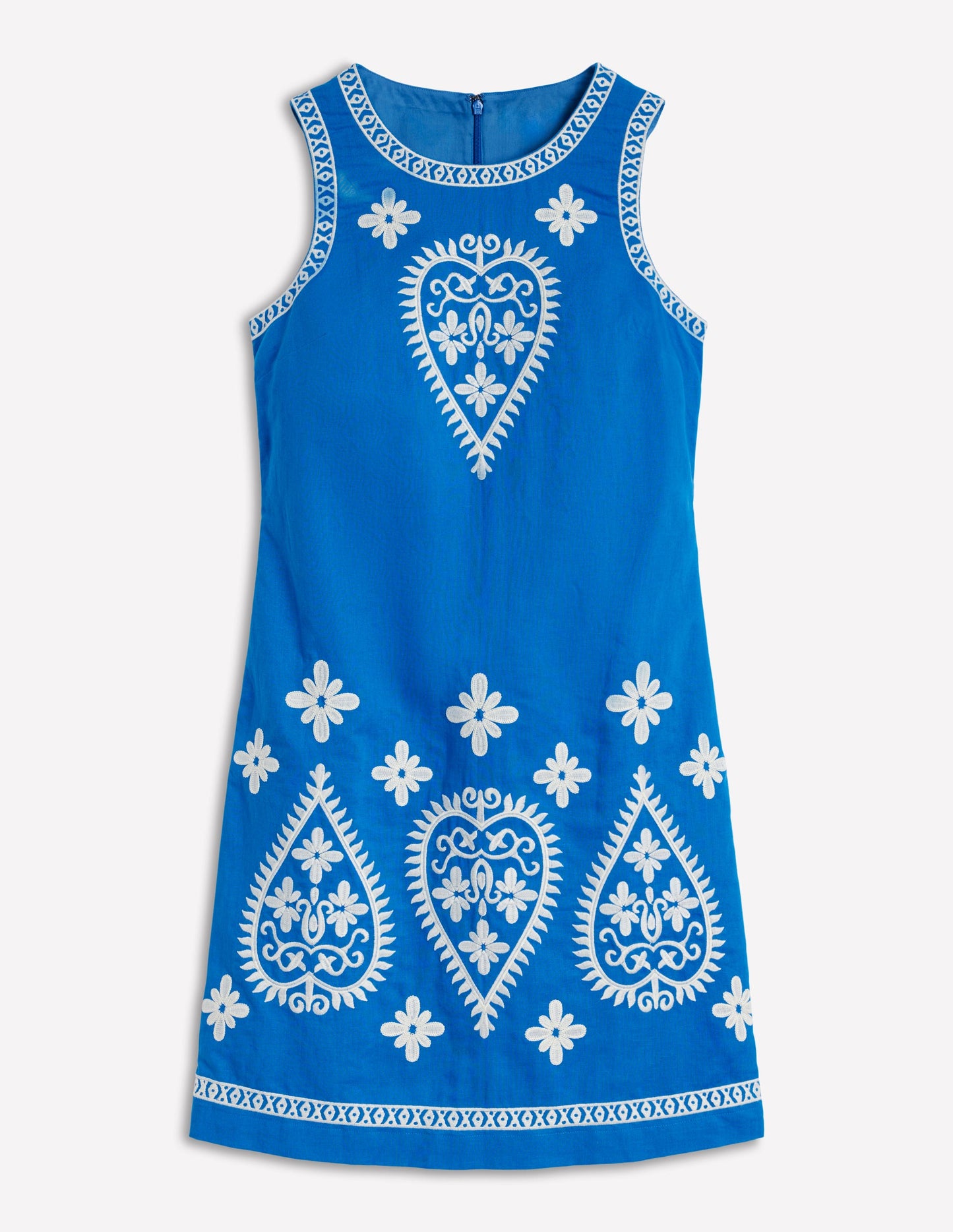 Embroidered Linen Shift Dress-Kingfisher Blue