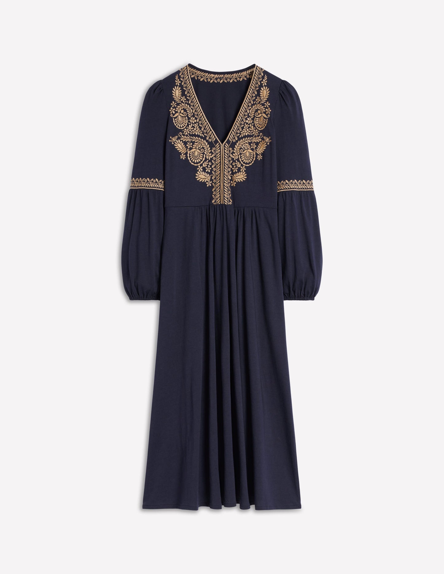 V-Neck Blouson Midi Dress-Navy