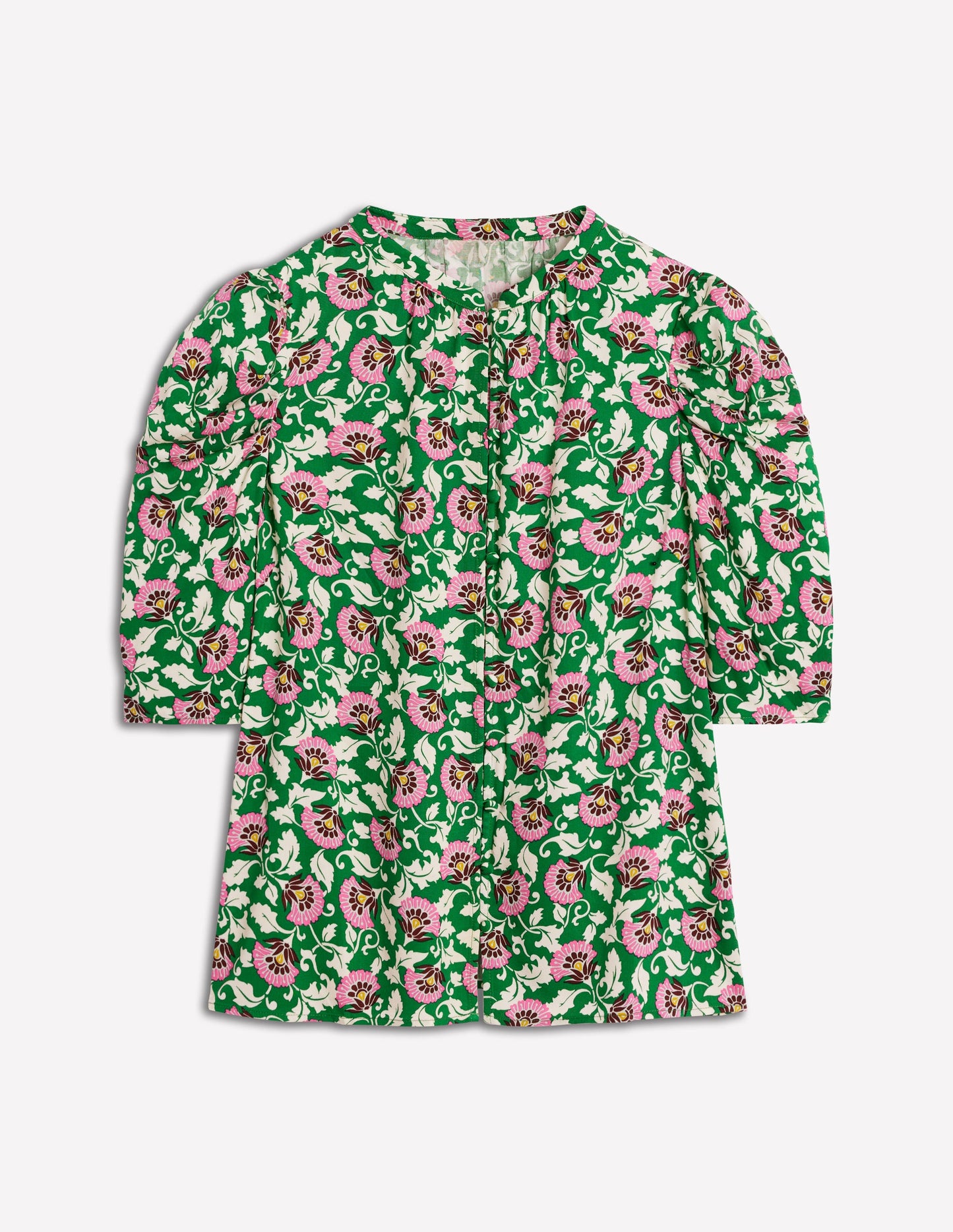 Mutton Sleeve Smart Top-Rich Emerald, Ornate Vine