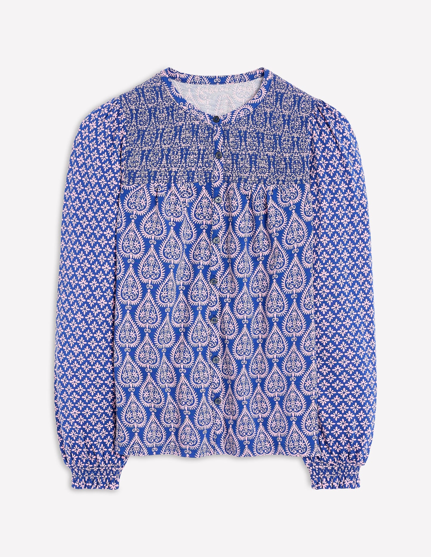 Elsa Smocked Yoke Jersey Shirt-Bright Blue, Ornate Geo