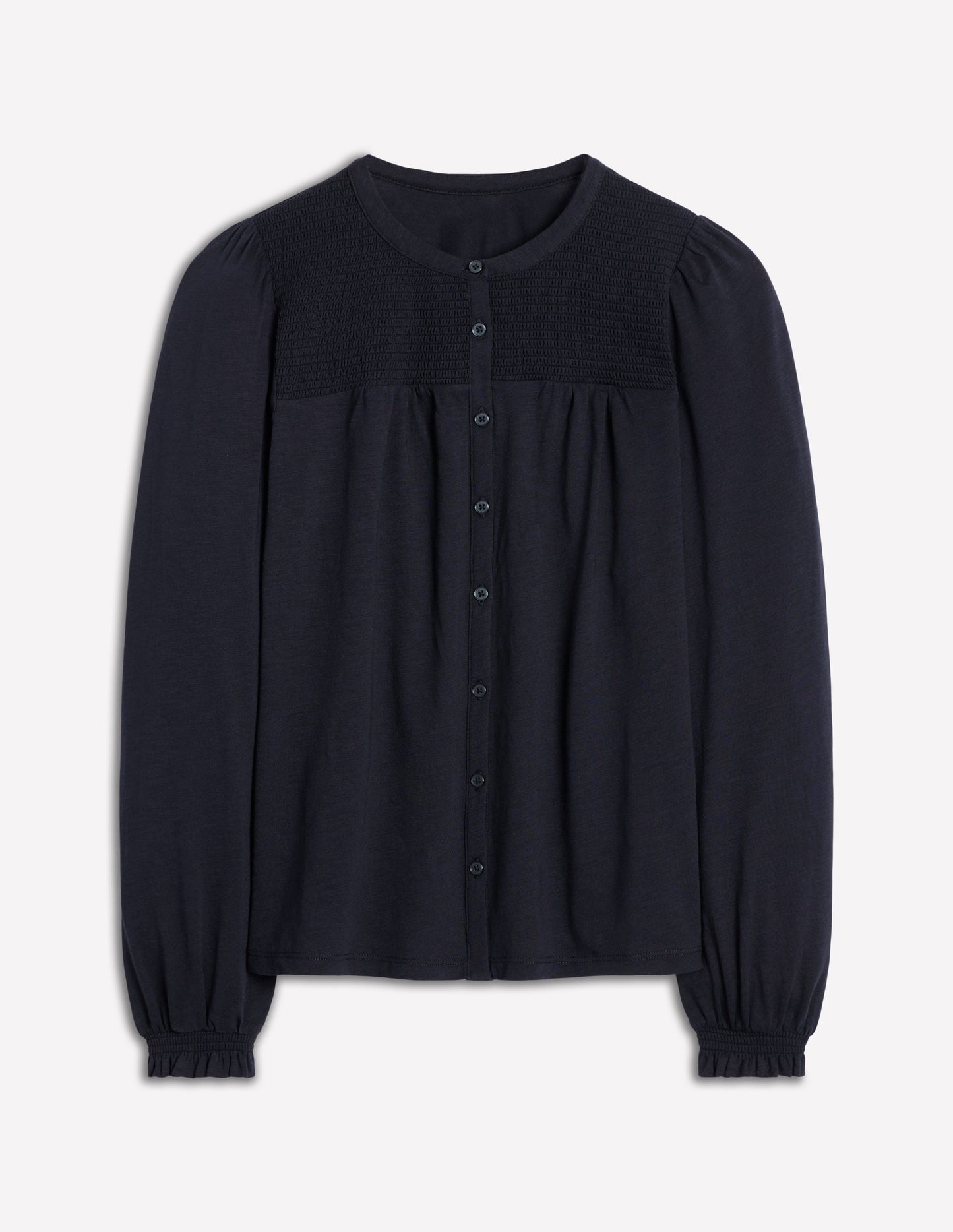 Elsa Smocked Yoke Jersey Shirt-Navy