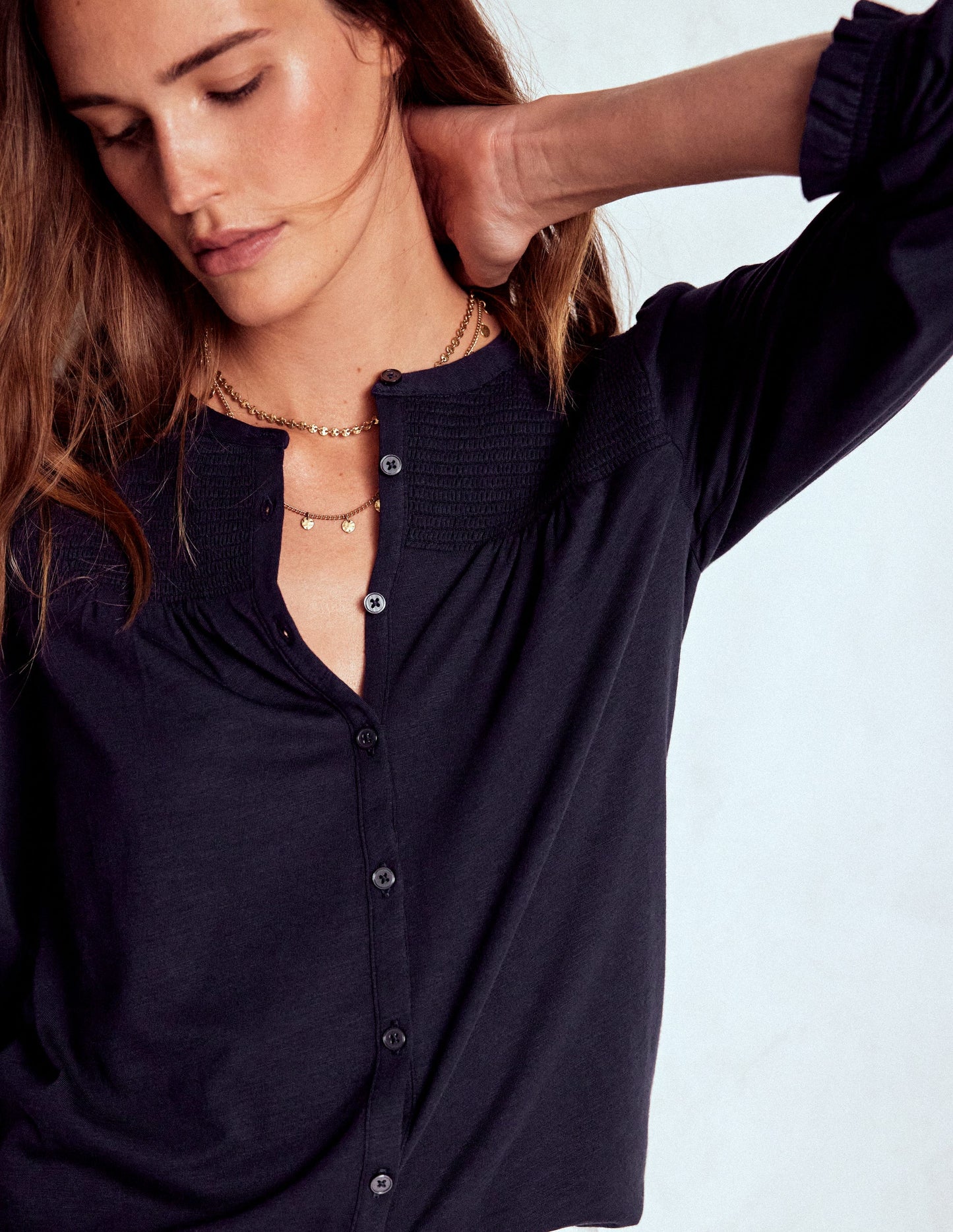 Elsa Smocked Yoke Jersey Shirt-Navy