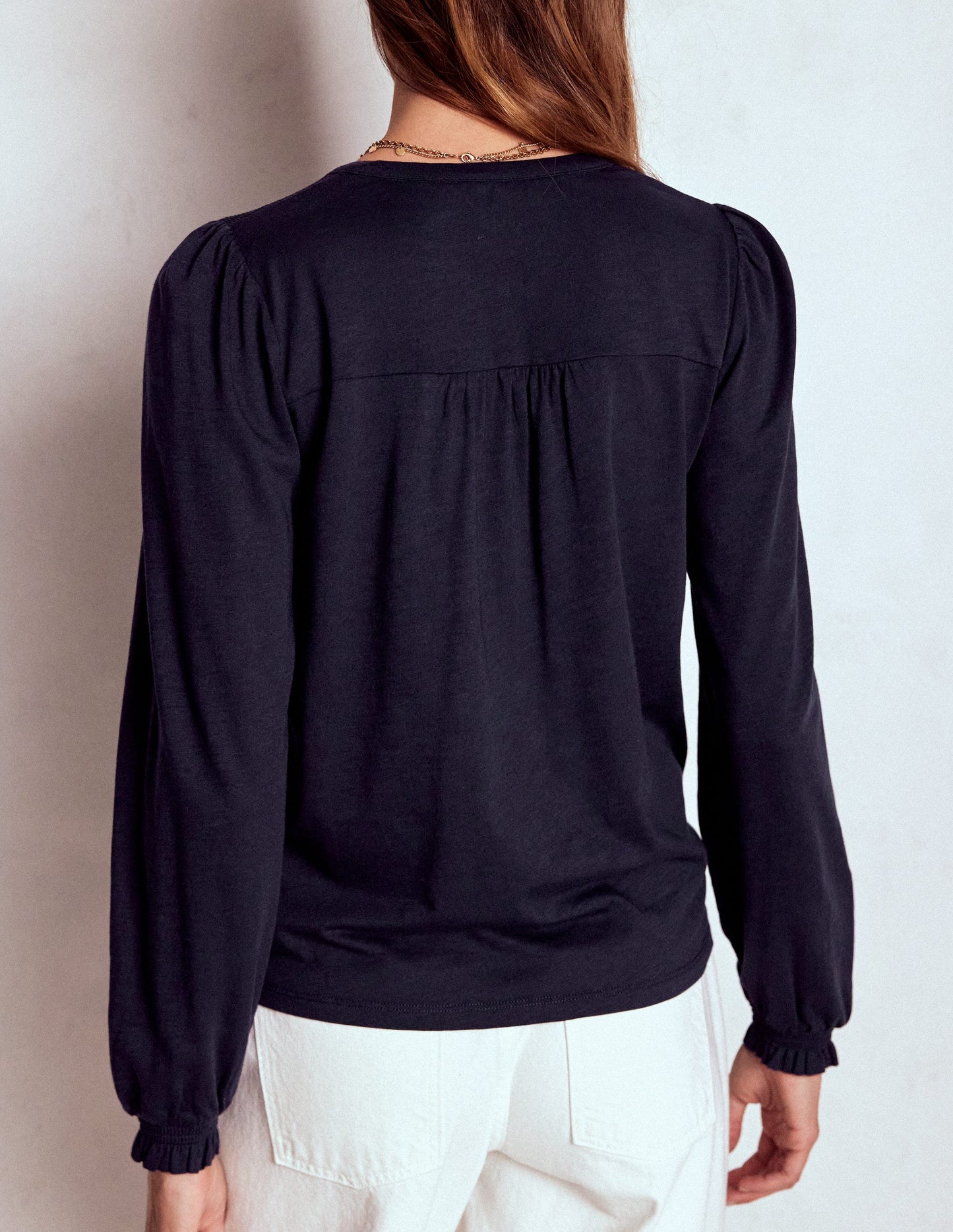 Elsa Smocked Yoke Jersey Shirt-Navy