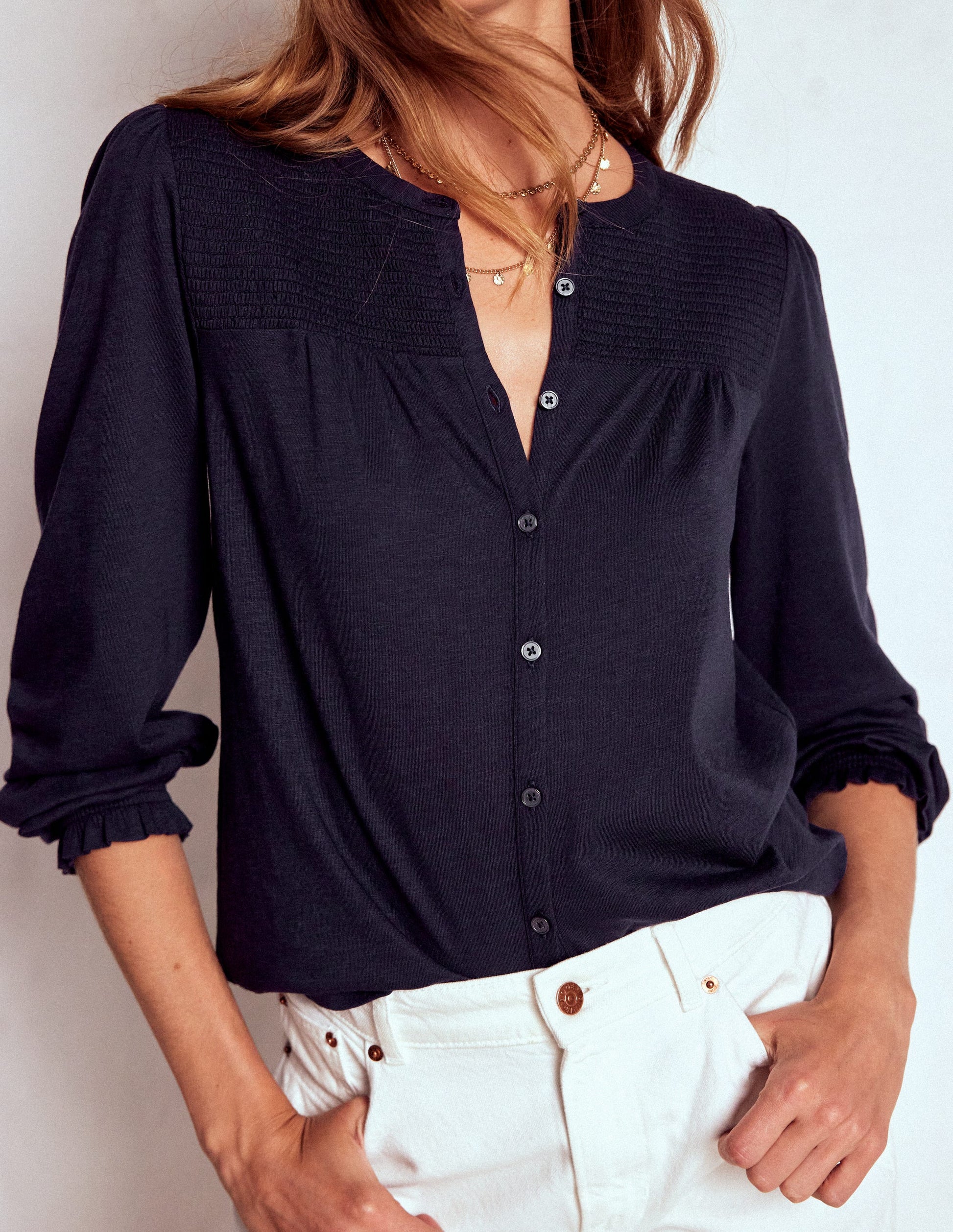 Elsa Smocked Yoke Jersey Shirt-Navy-4