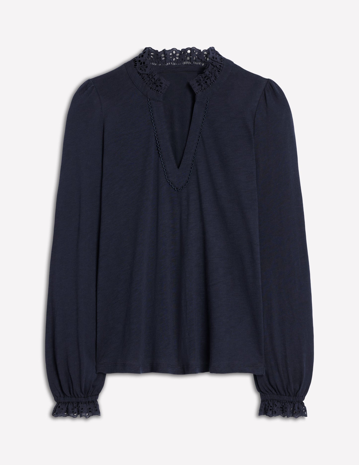 Aria Broderie Notch Neck Top-Navy
