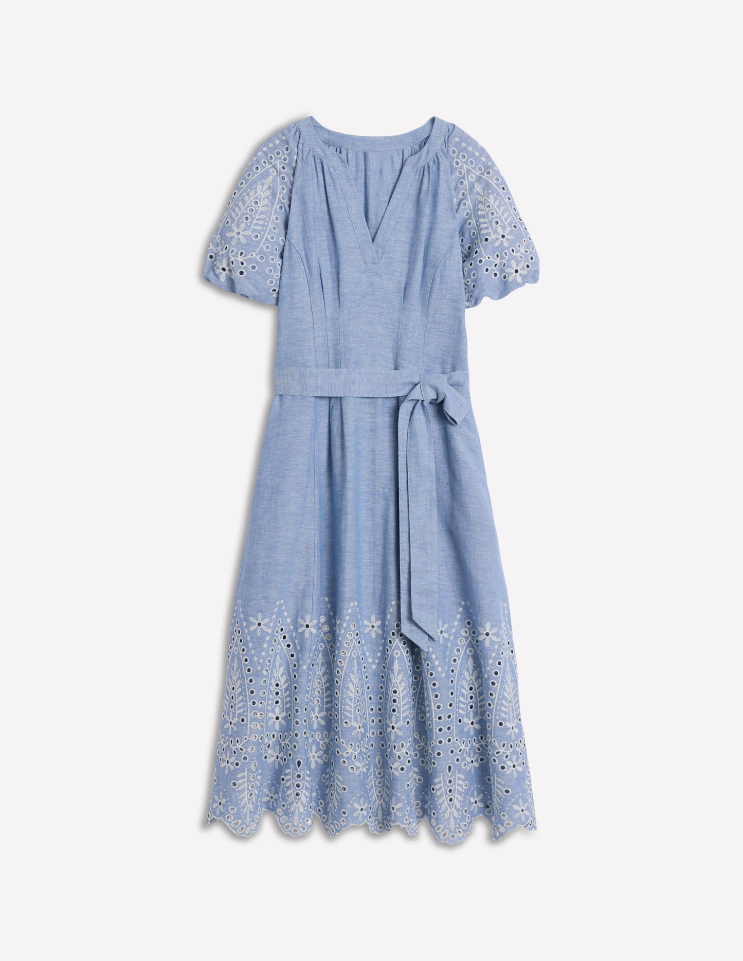 Puff Sleeve Embroidered Dress-Grey Blue Chambray