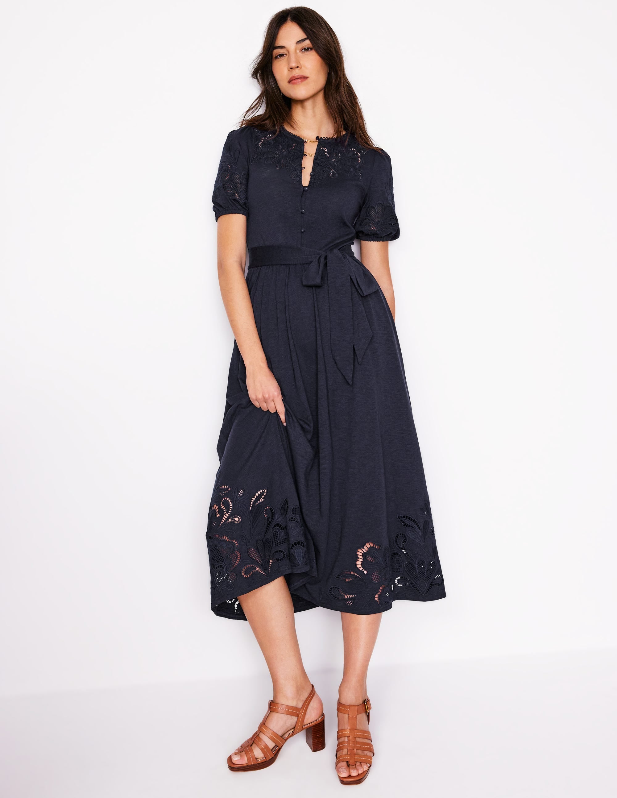 Cutwork Detail Midi Dress-Navy | Boden UK Cutwork Detail Midi Dress-Navy | Boden UK