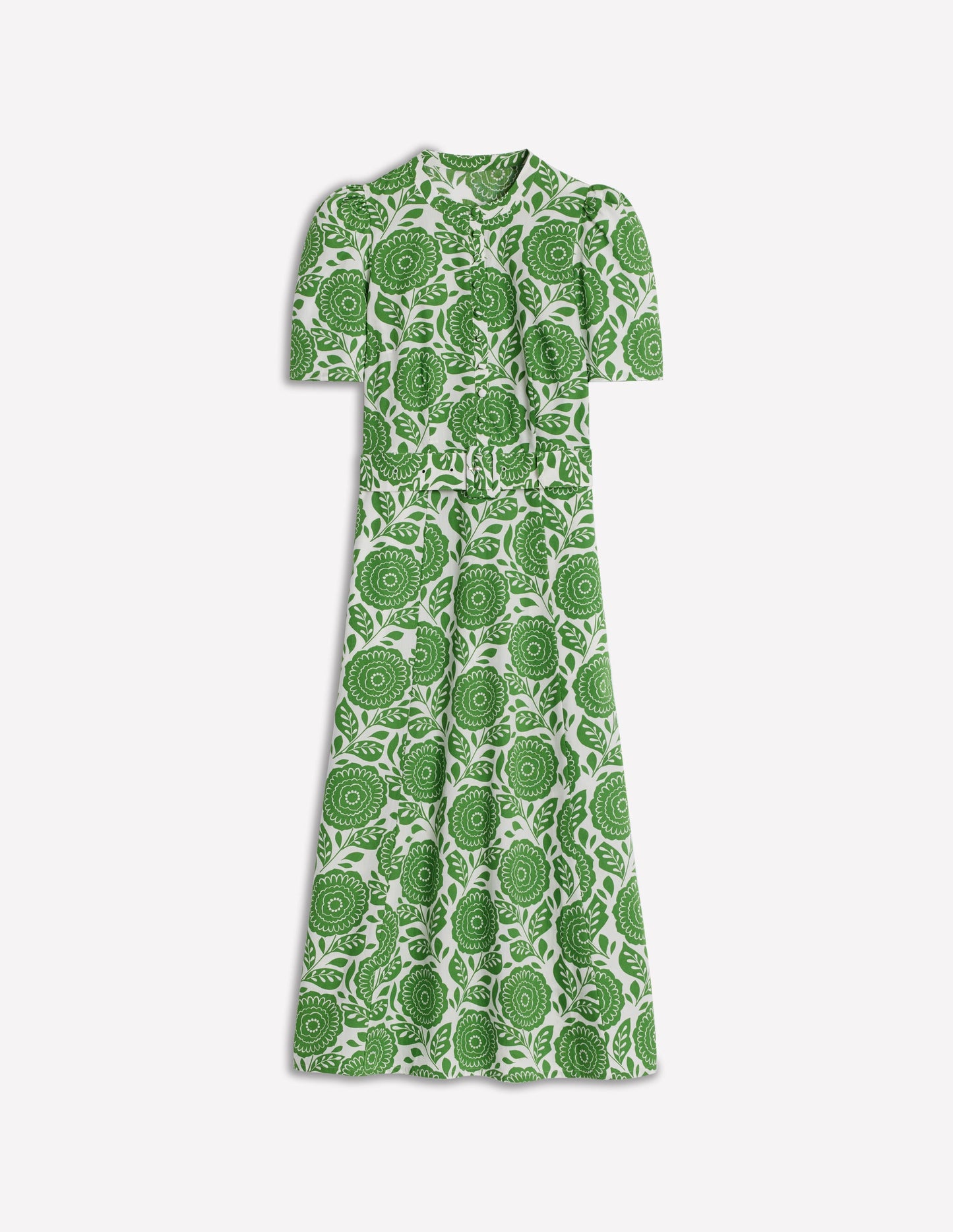 Kate Puff Sleeve Belted Dress-Paradise Green, Dahlia Stamp