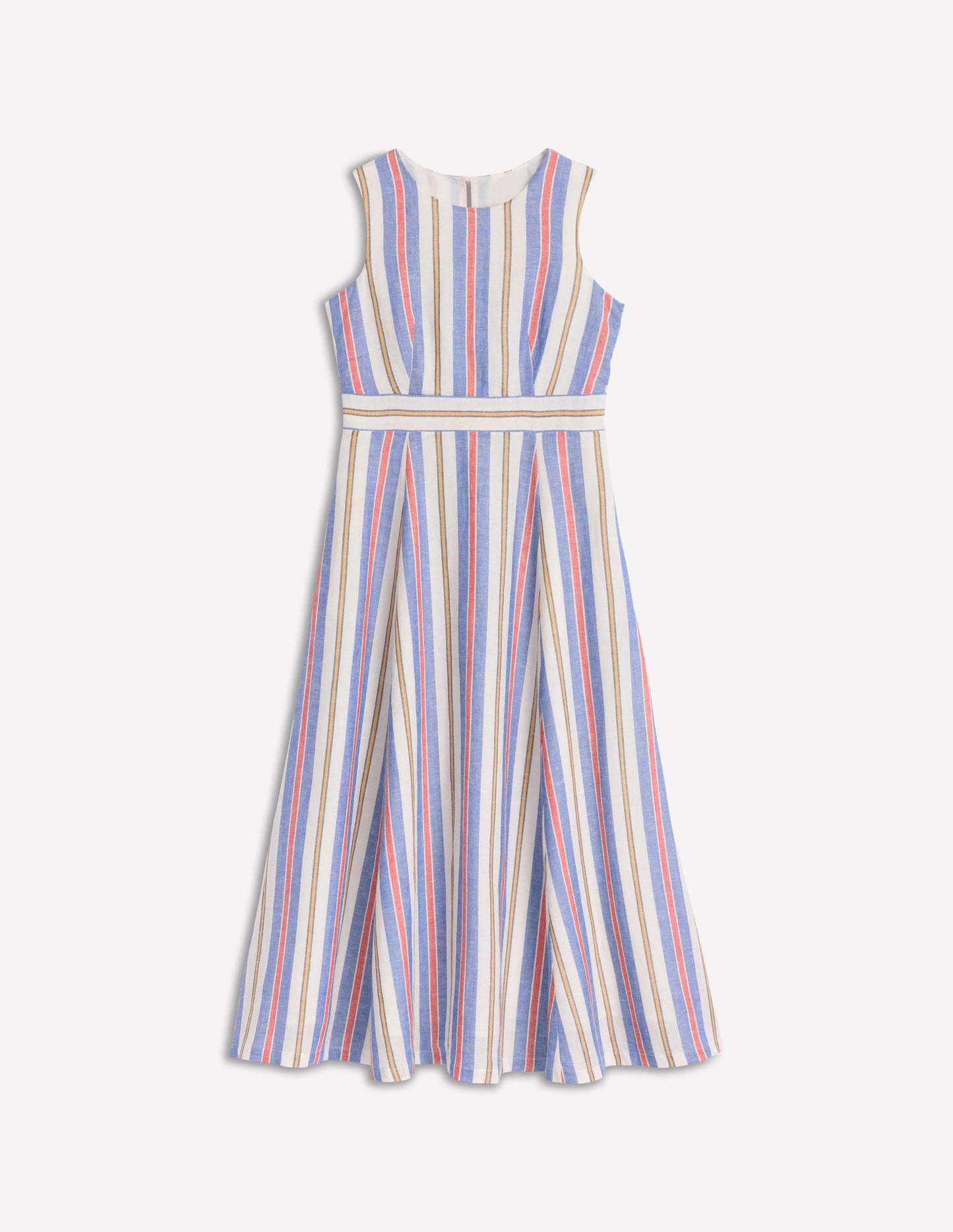 Sleeveless Linen Blend Dress-Bright Blue and Brown Stripe