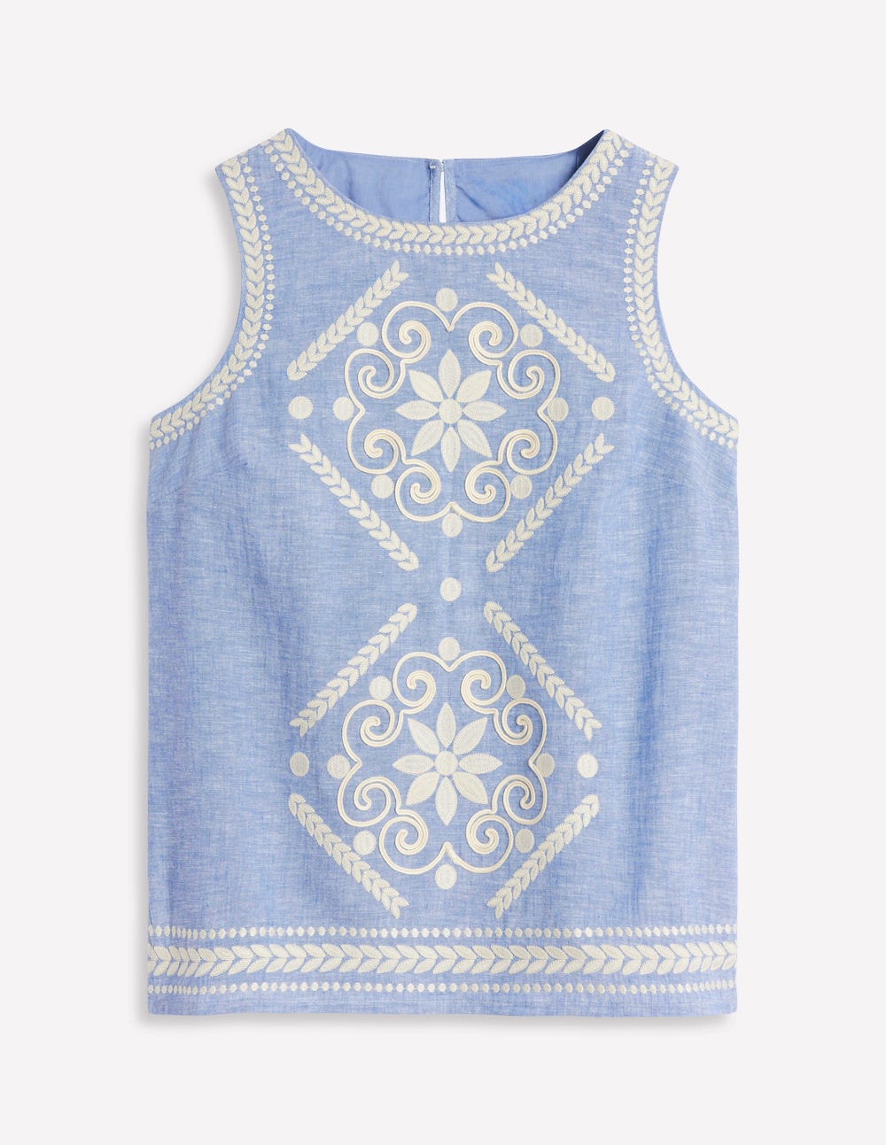 Embroidered Linen Blend Top-Chambray