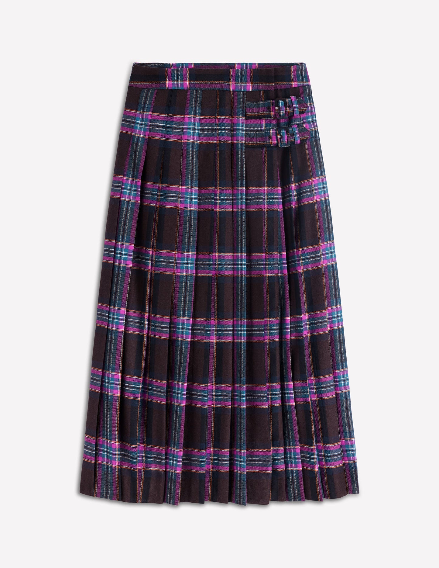 Josephine Wool Kilt Skirt-Brown, Teal & Pink Check