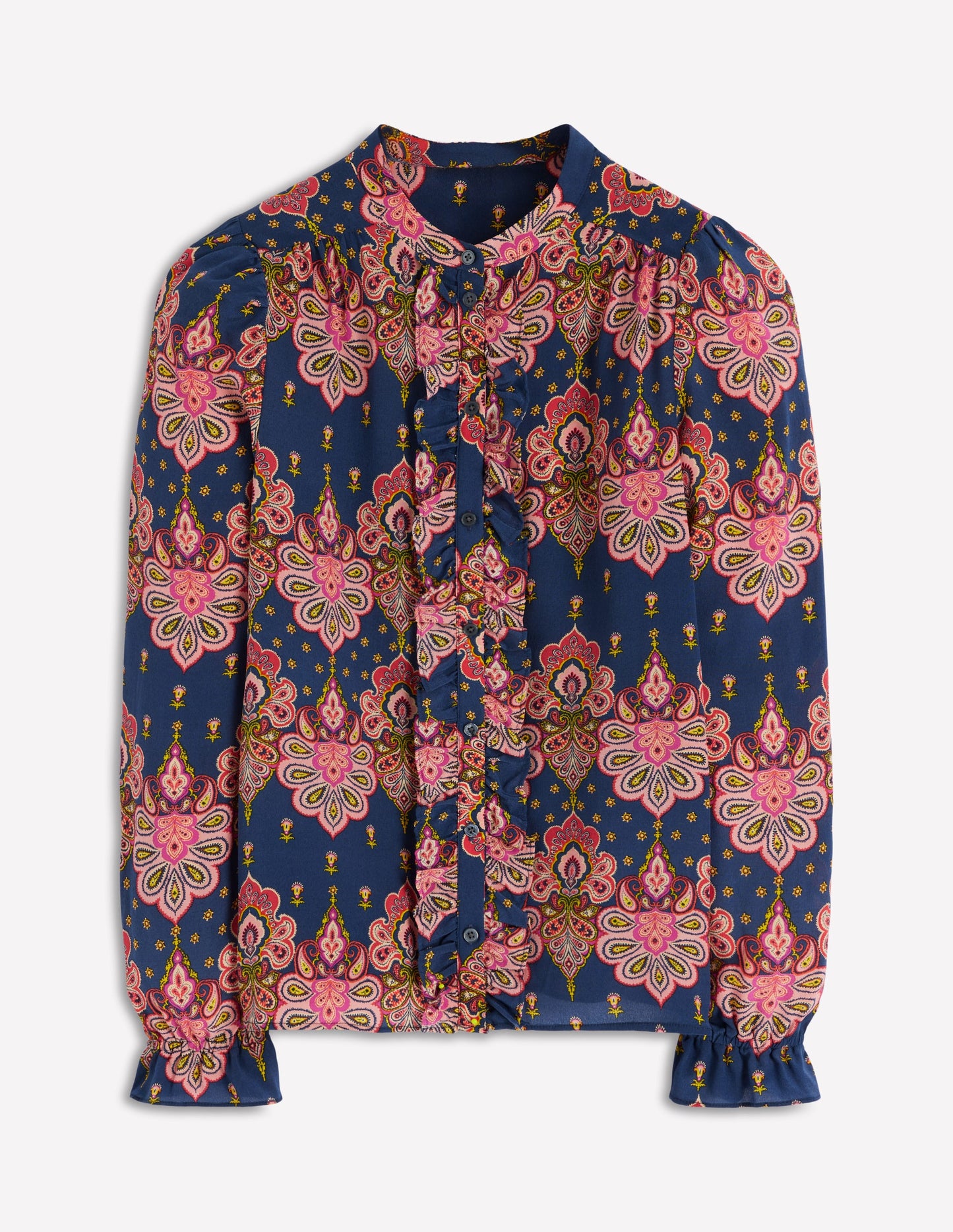 Alice Frill Front Silk Top-Navy, Embellished Paisley