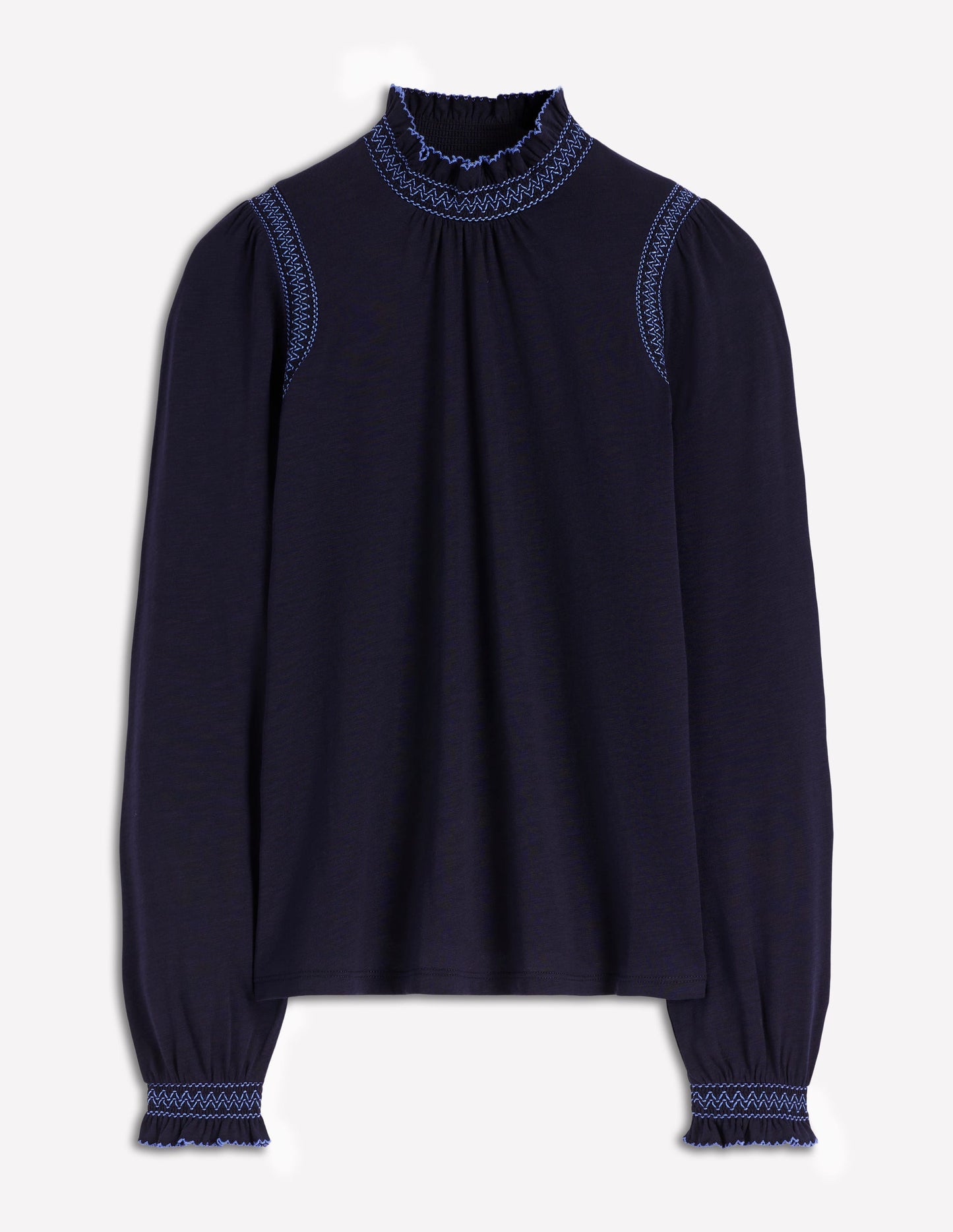 Tia Smocked Neck Jersey Top-Navy