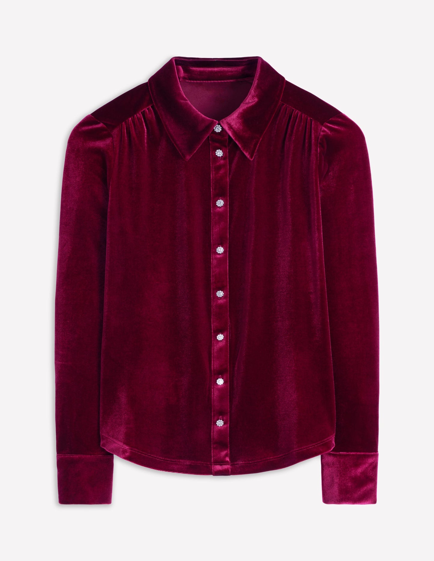Jewel Button Velvet Shirt-Ruby Red