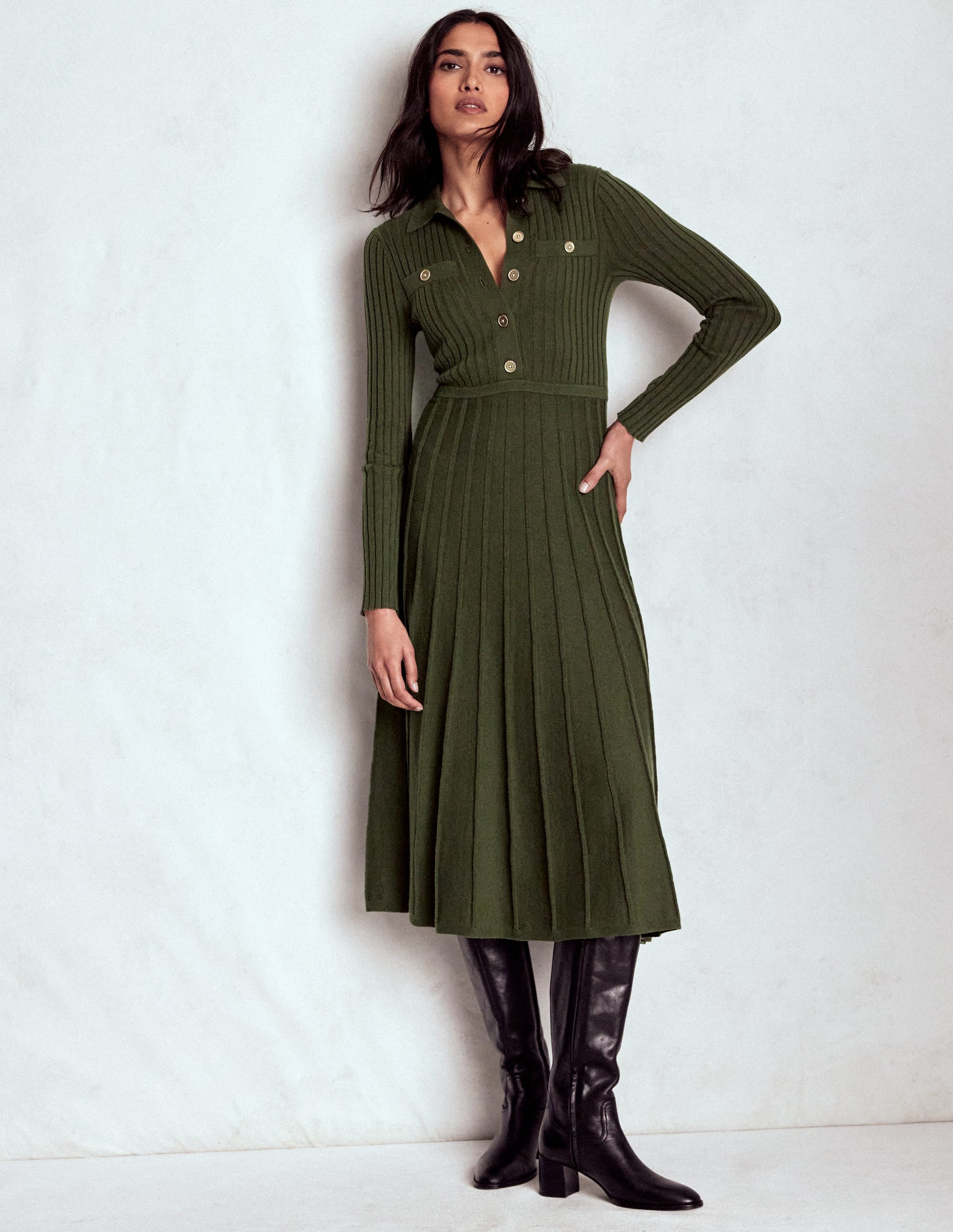 Brnte Knitted Rib Shirt Dress-Woodland Green | Boden UK Brnte Knitted Rib Shirt Dress-Woodland Green | Boden UK