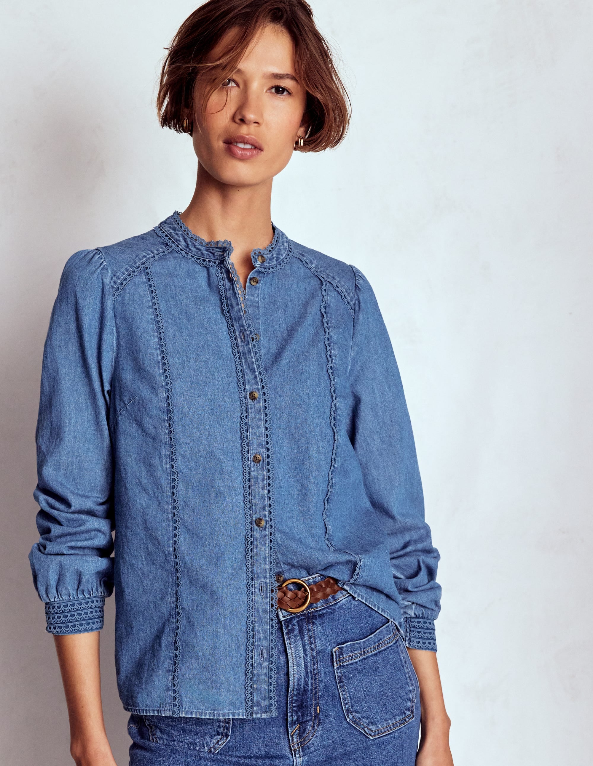boden rhea denim dress BODEN Rhea Denim Sheath Dress Medium Wash Size 6A Back Zipper 3/4 Sleeve