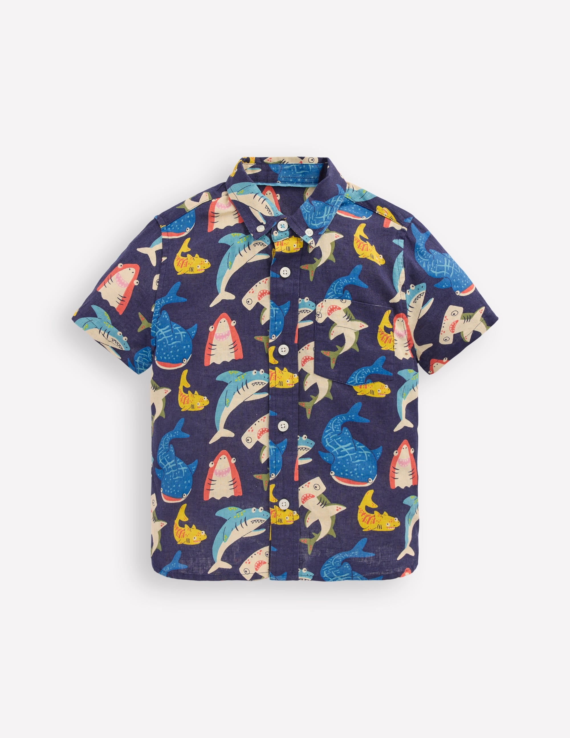 Cotton Linen Shirt-College Navy Multi Sharks | Boden UK