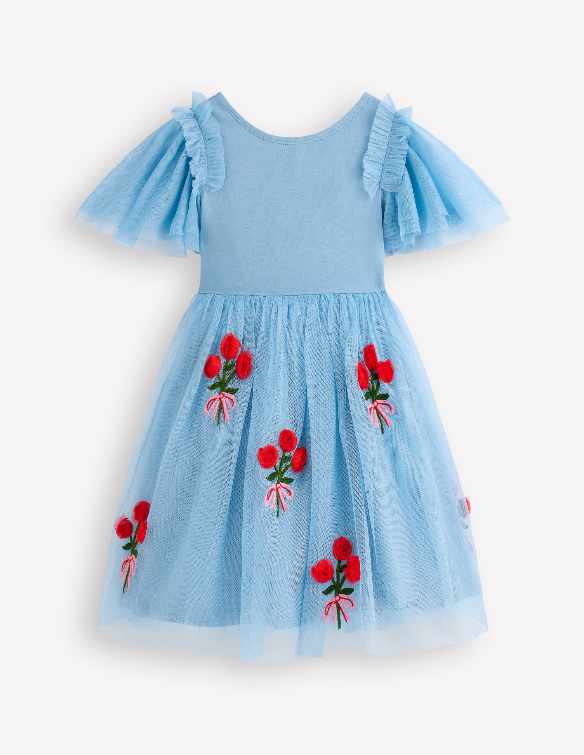 Short Sleeve Logo Tulle Dress-Glacier Blue Roses | Boden UK