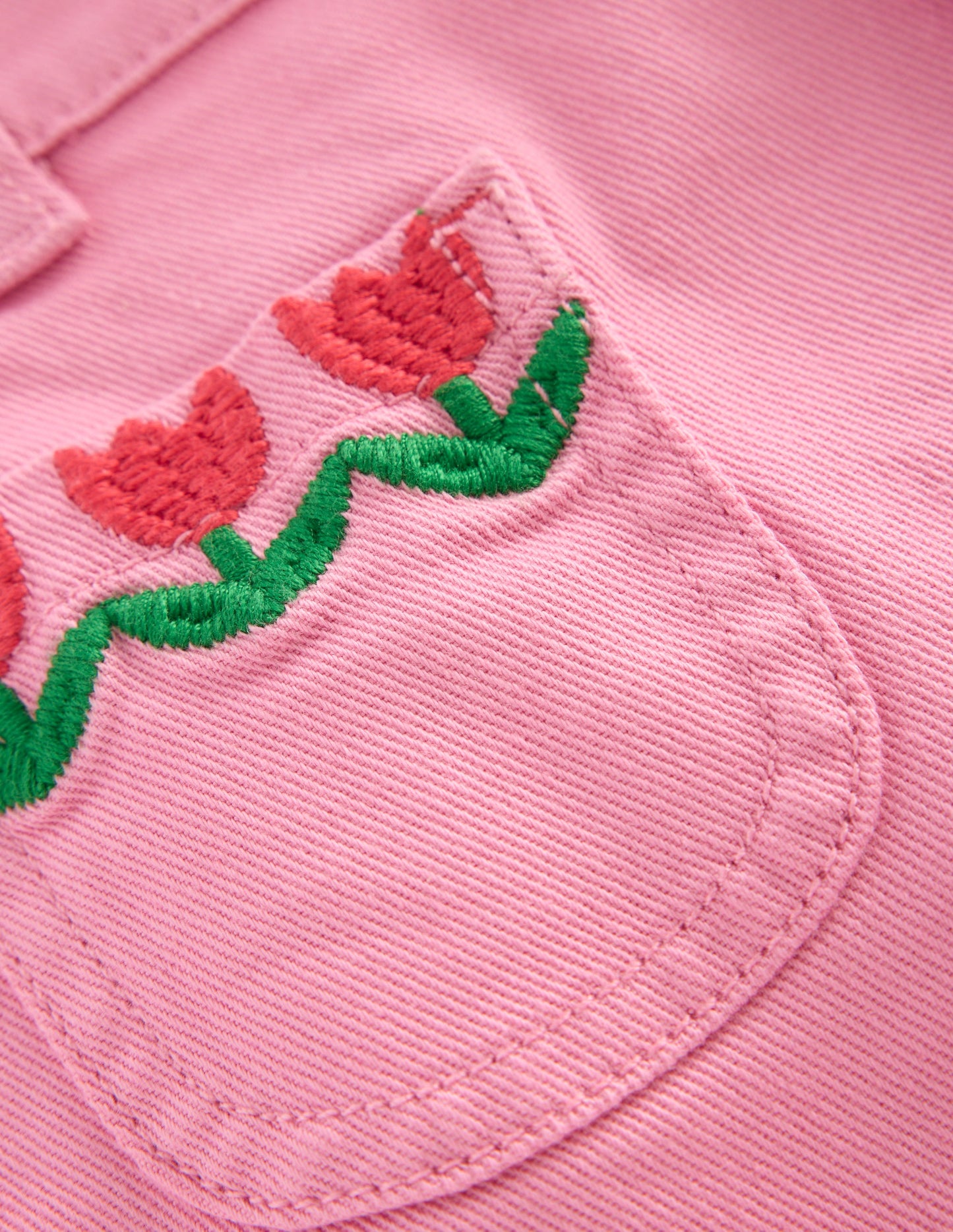 Patch Pocket Shorts-Pink Embroidered Denim