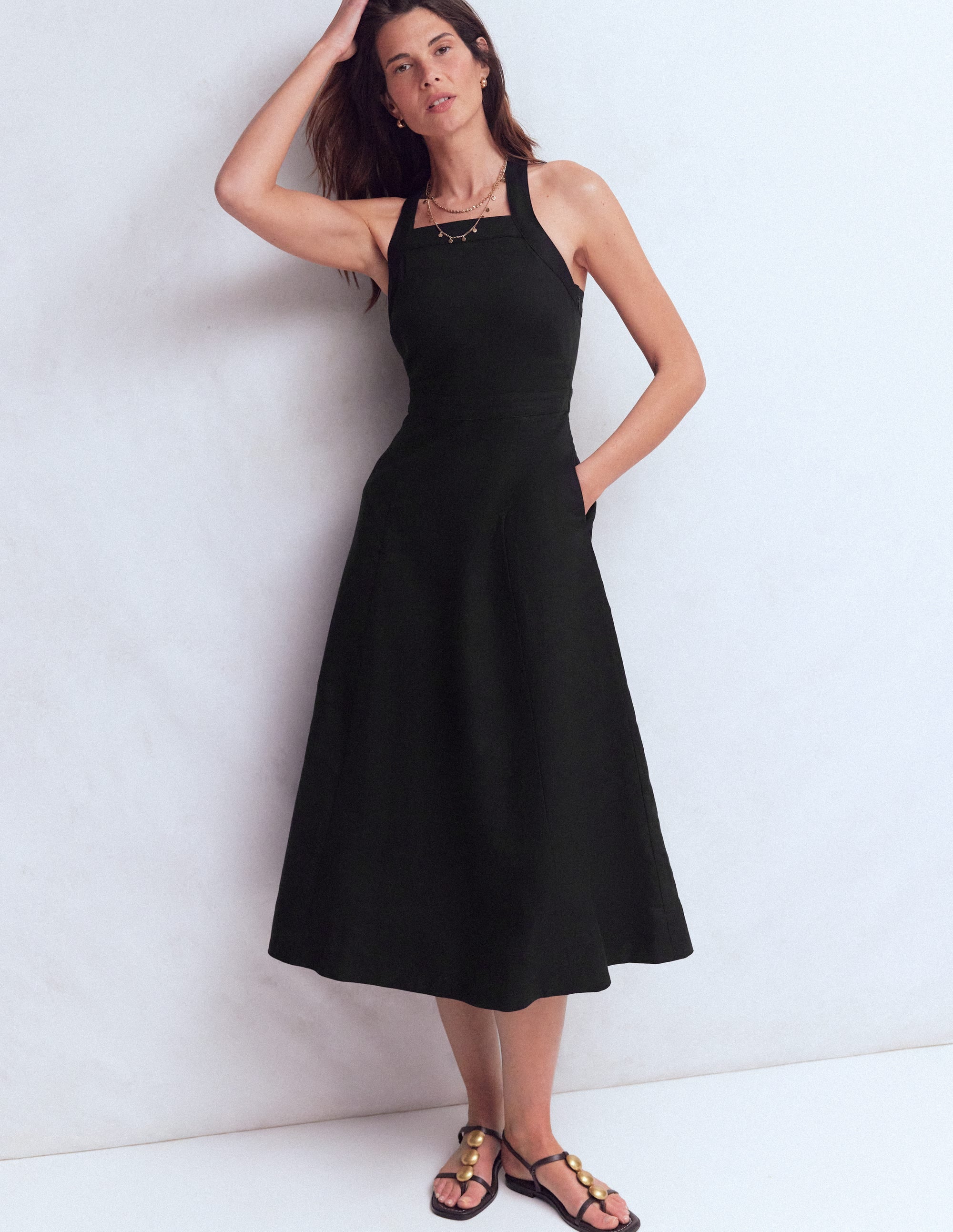 shoes to wear with black formal dress Cross-back Linen Blend Dress-Black