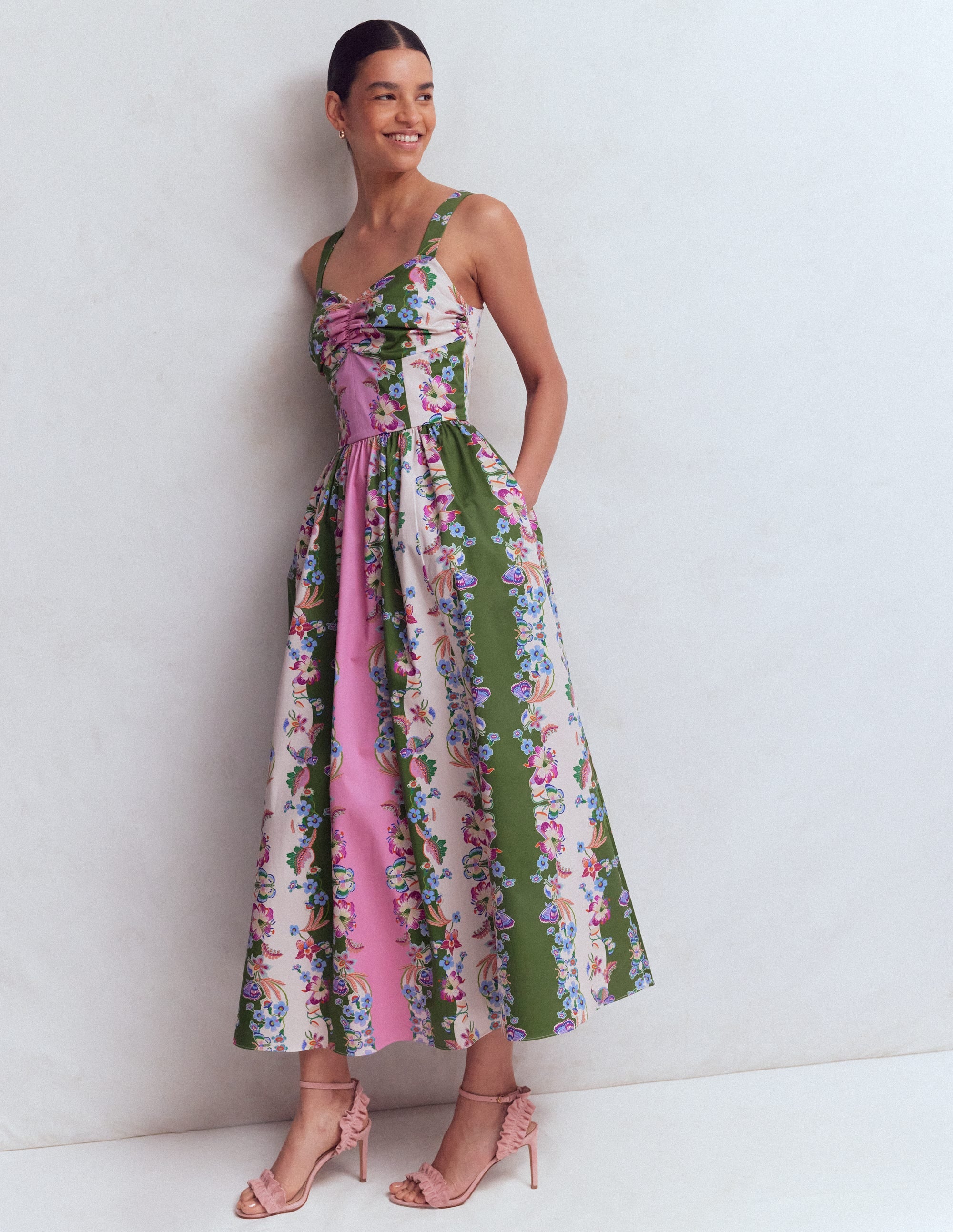 green emerald velvet dress Cotton Midi Shirt Dress-Green Tambourine, Pink Stripe main image 1