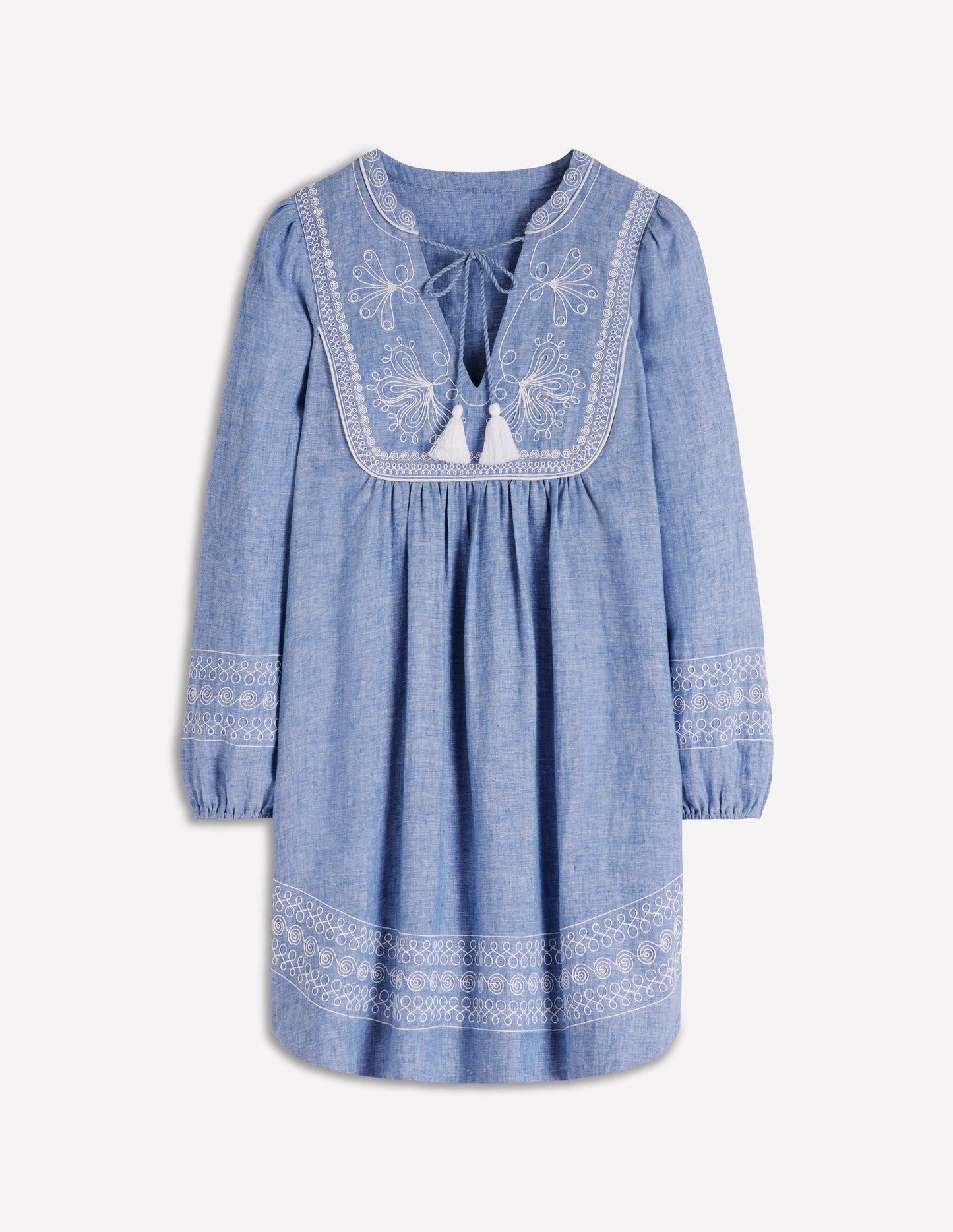 Pia Linen Yoke Tassel Dress-Chambray Embroidery